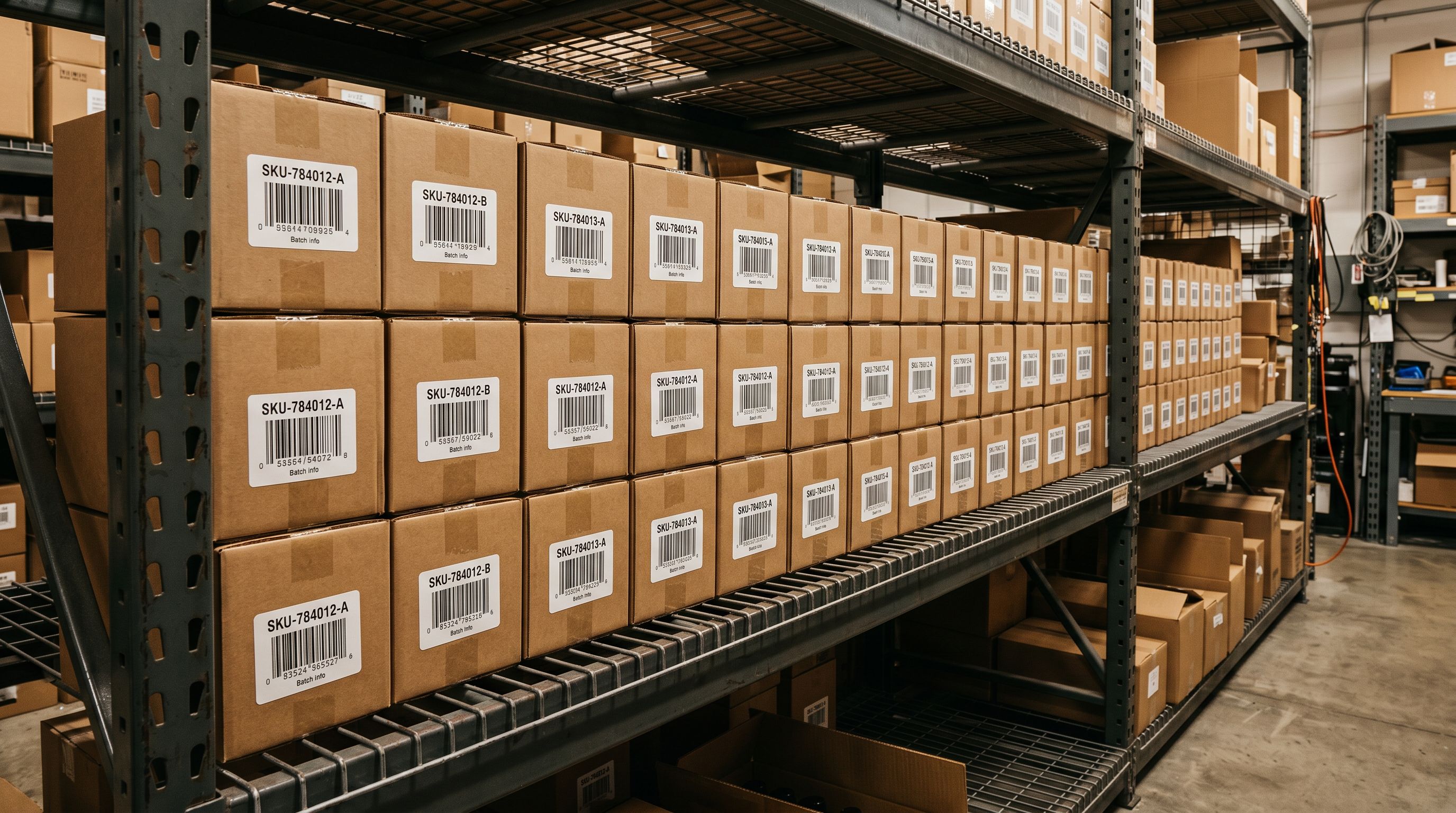 Row of neatly stacked wholesale product boxes in a stockroom with SKU labels visible on each shelf section.