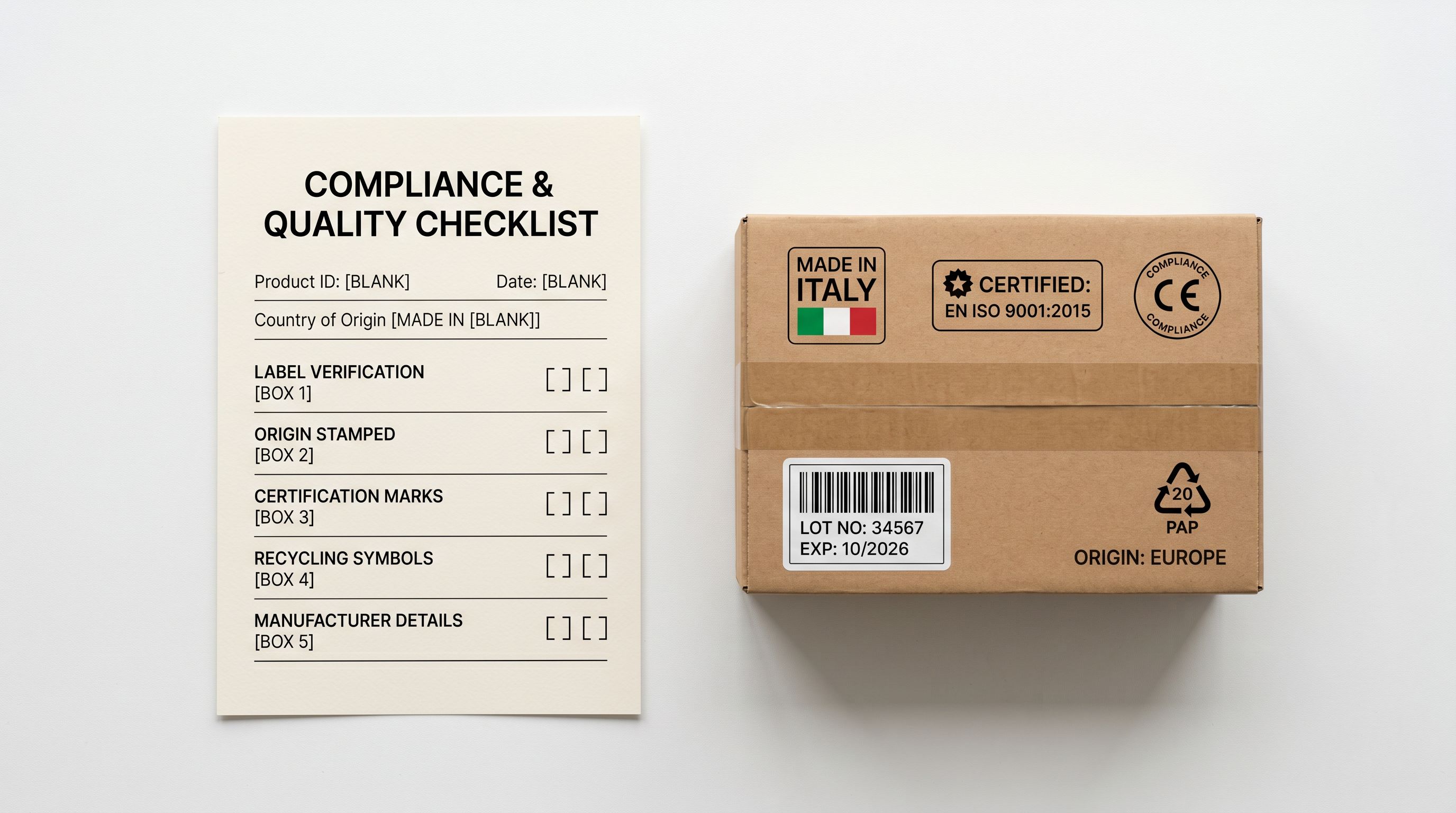 Printed procurement compliance checklist beside a product box with country of origin and HS code labels visible on the packaging.