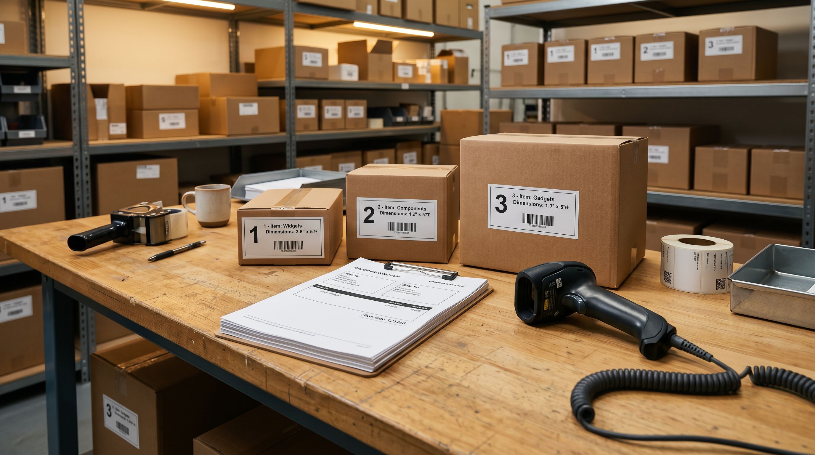 B2B order fulfilment station with printed packing slips, product boxes arranged by order number, and a barcode scanner on a commercial workbench.