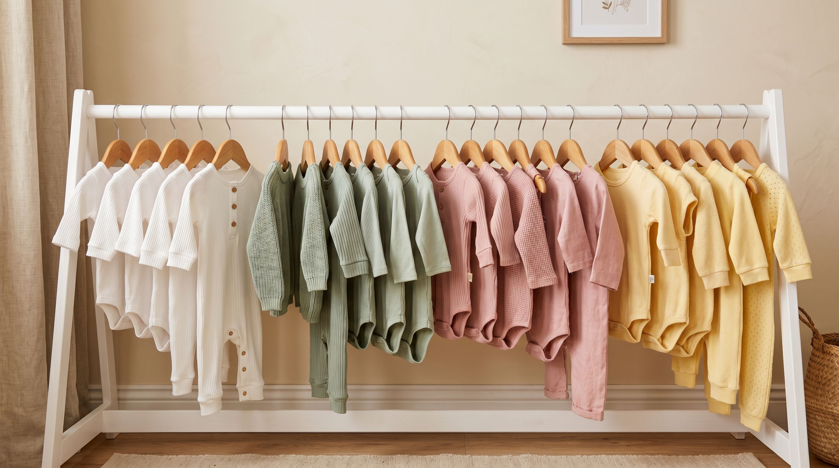 Baby rompers on a white nursery rail in four colour sections arranged from smallest to largest size on wooden hangers.
