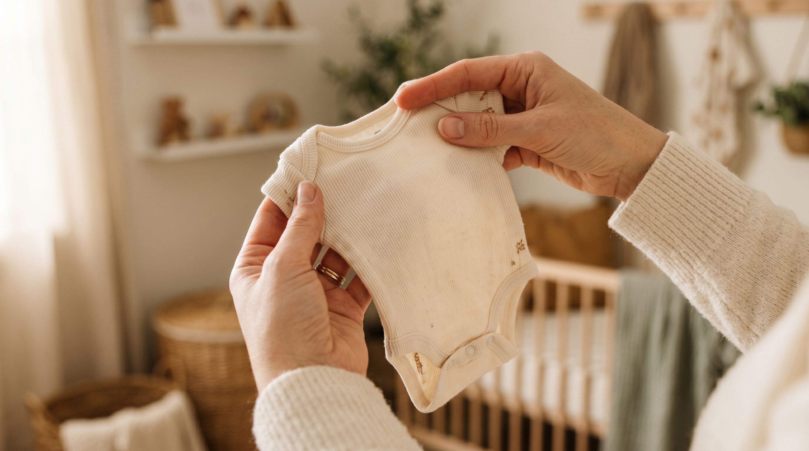 Parent's hands holding up a small organic cotton baby bodysuit to examine the fabric in warm natural nursery light.