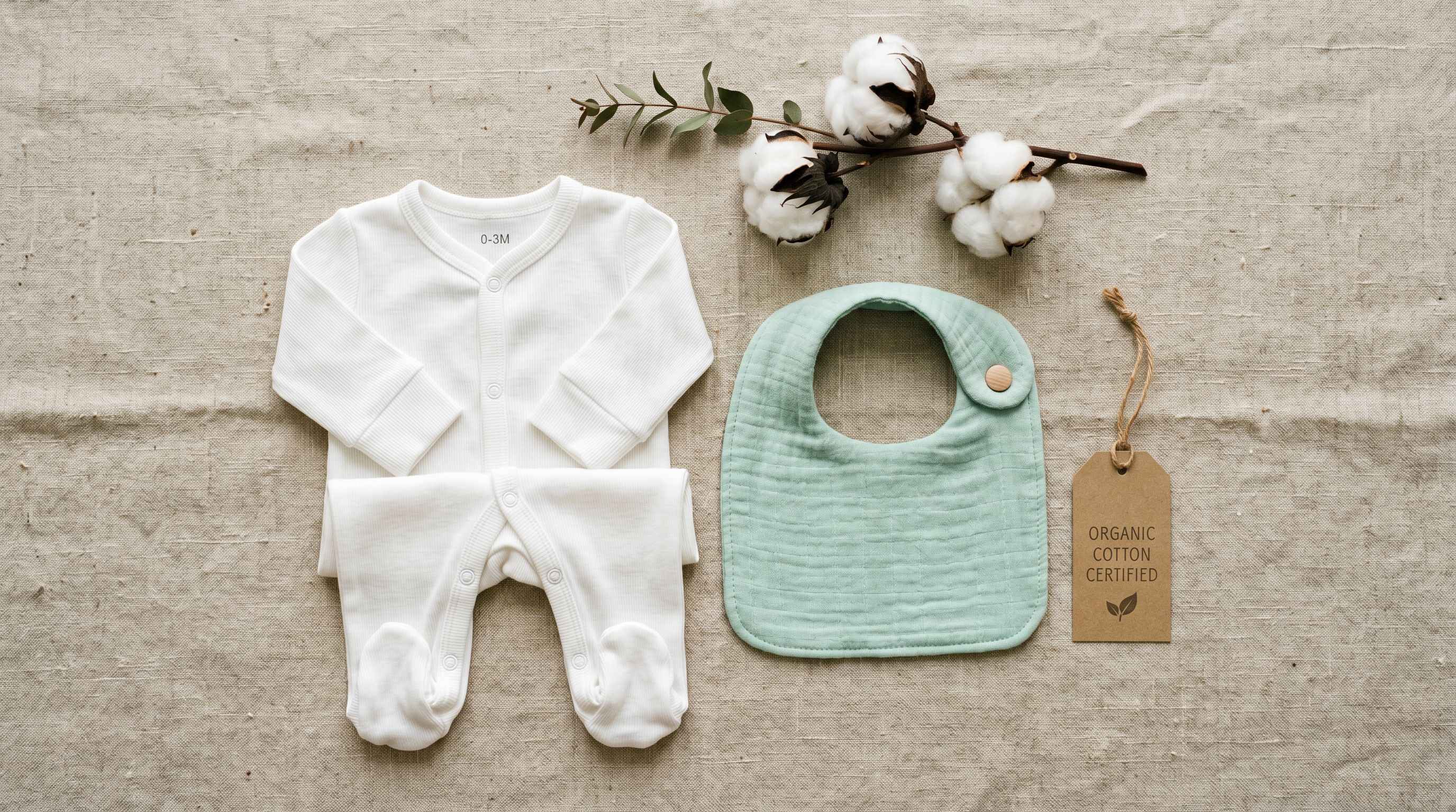 Flat lay of organic cotton baby garments on linen fabric next to a certification swing tag and raw cotton plant bolls.