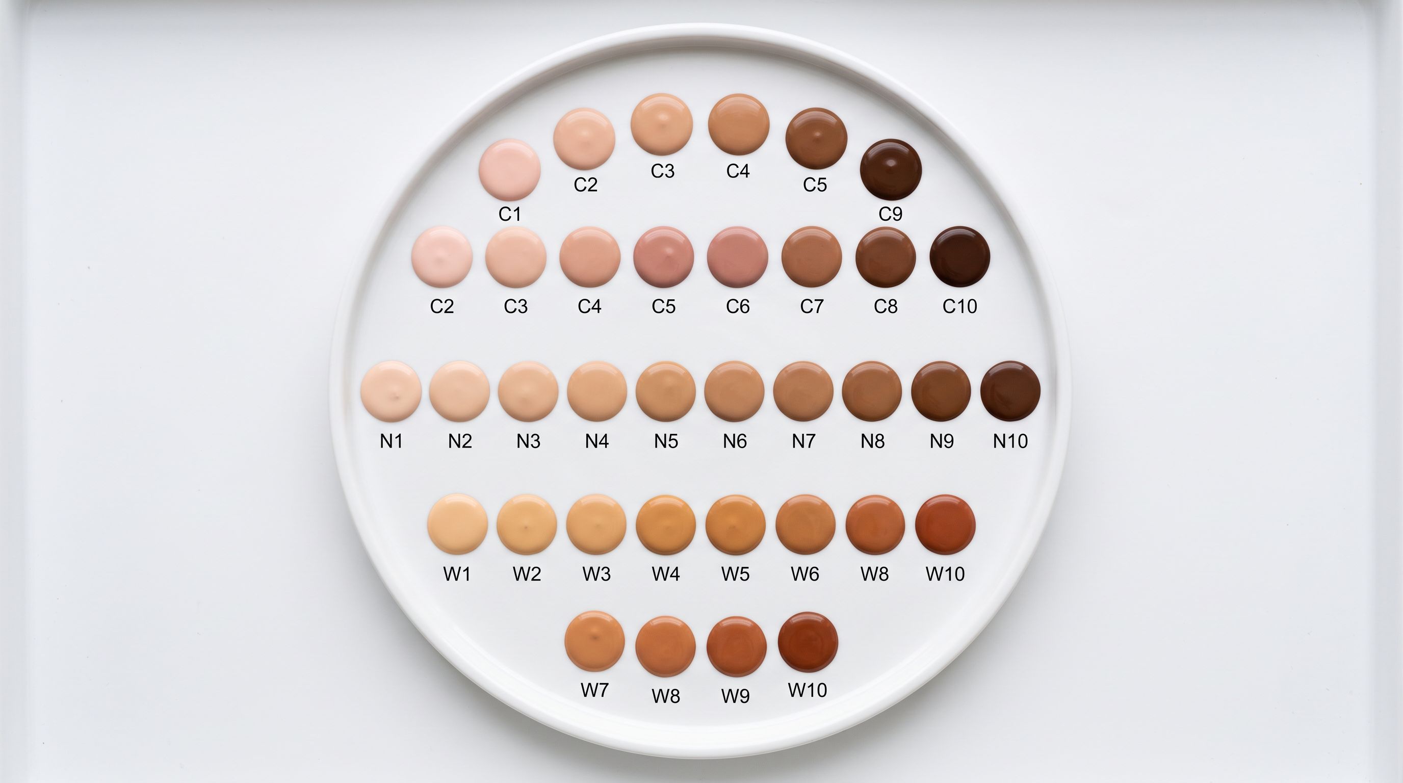 Thirty cosmetic foundation shade swatches arranged in three rows by undertone on a white circular display tray viewed from above.