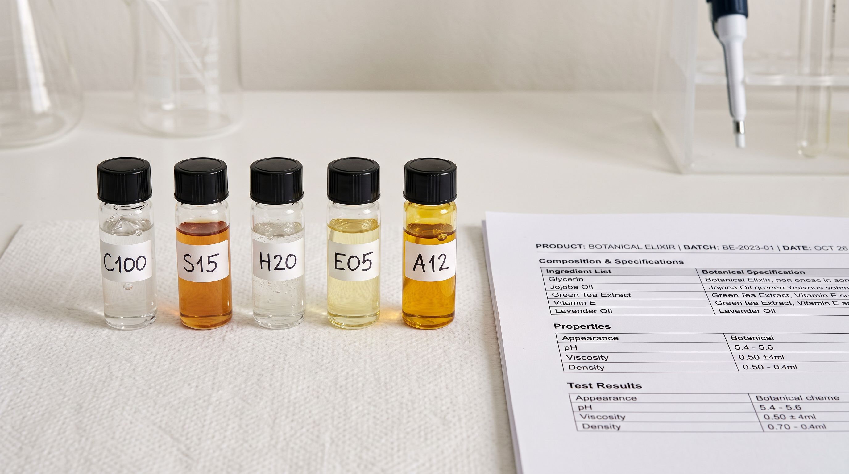 Five glass vials of cosmetic ingredient samples arranged in a row beside a printed ingredient specification sheet on a white surface.