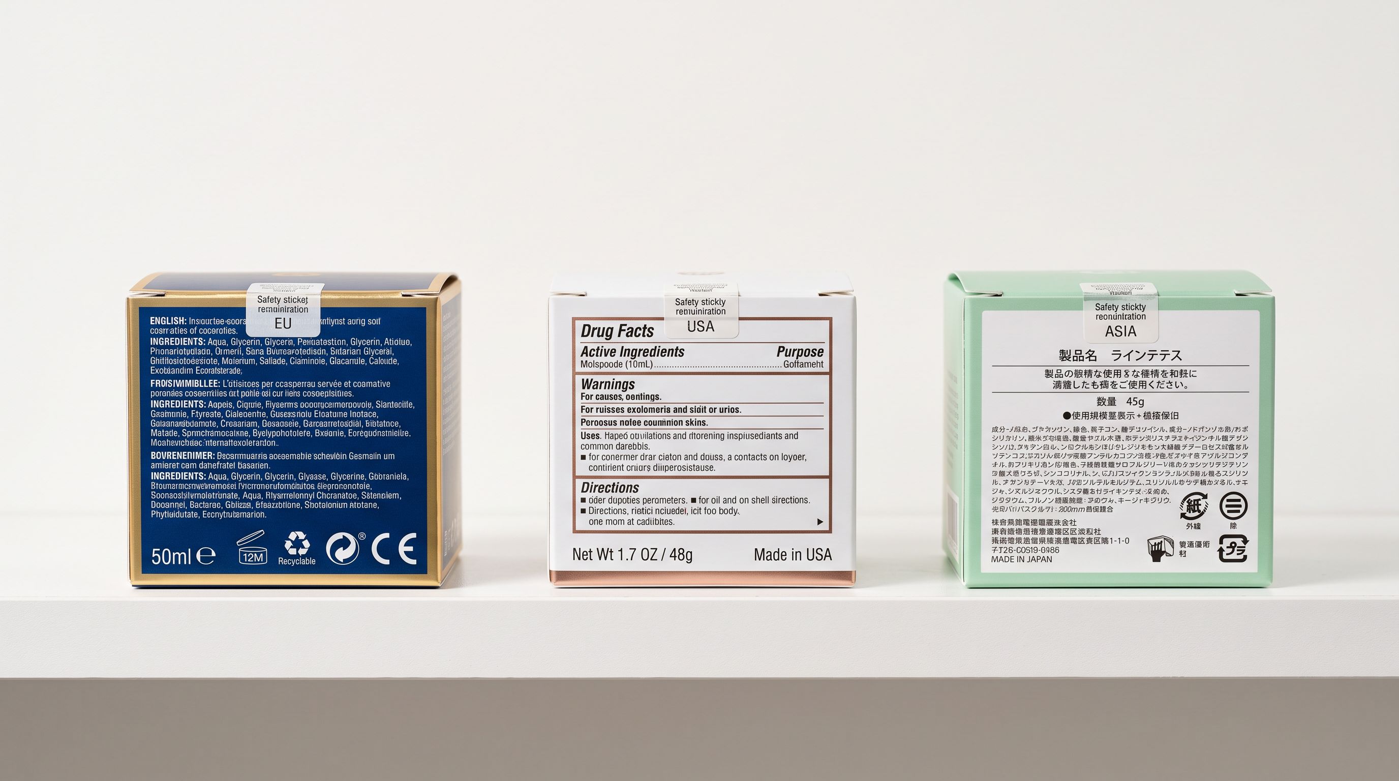 Three cosmetic product boxes arranged on a white shelf representing different market-specific compliance packaging requirements.