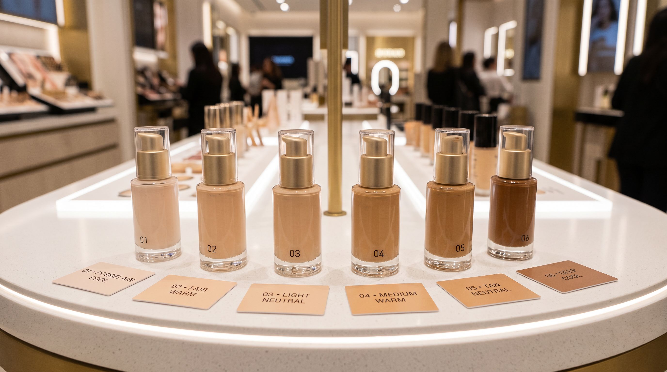 A beauty counter display showing six foundation bottles in shade gradient with descriptor cards in front of each on a white surface.