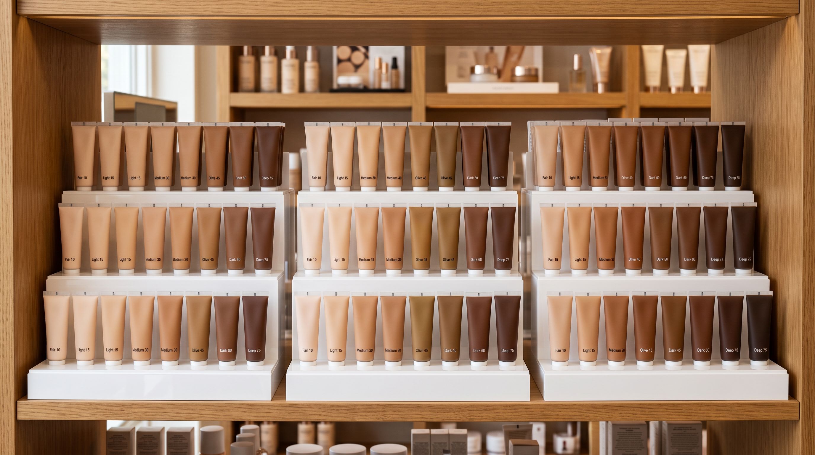 A retail shelf showing foundation tubes in a full spectrum of shades organised into three sections on white acrylic risers.