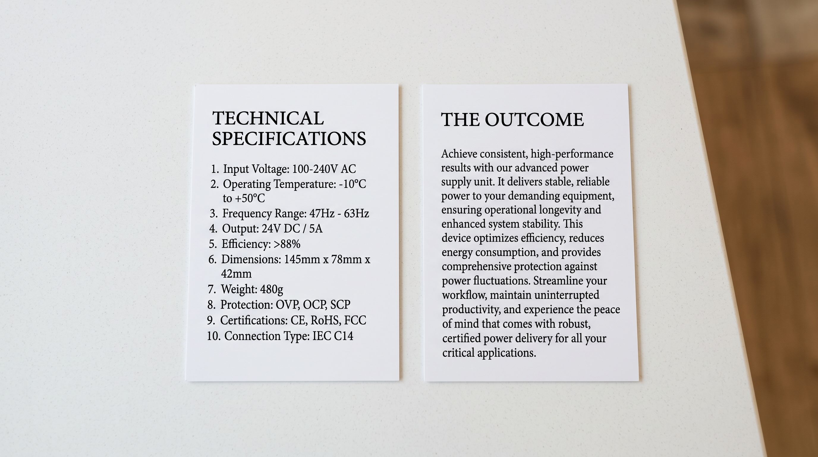 Two printed product description cards side by side on a white retail counter showing technical spec list and plain-language outcome text.