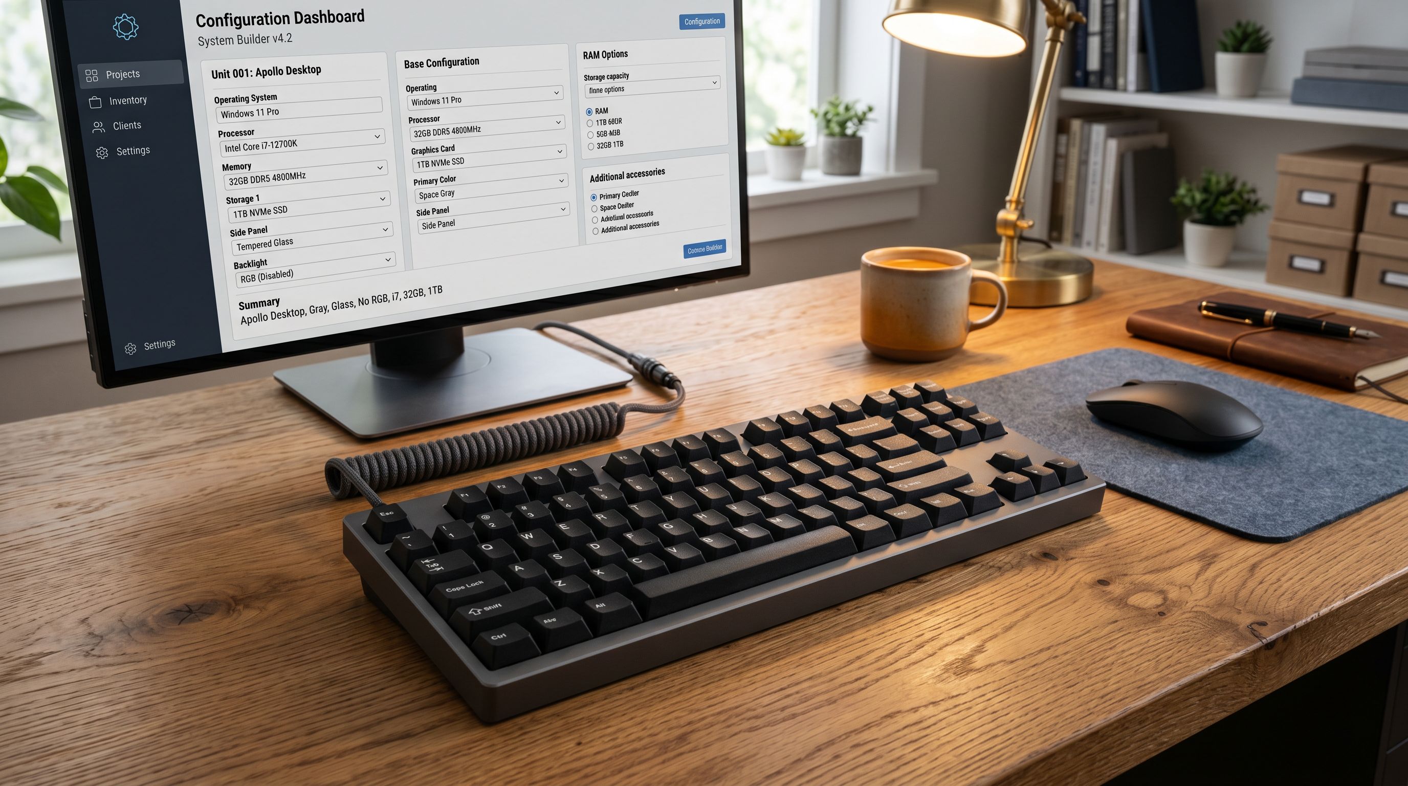 Close-up of a keyboard on a clean wooden desk with a monitor visible in the background in a tidy office setting.