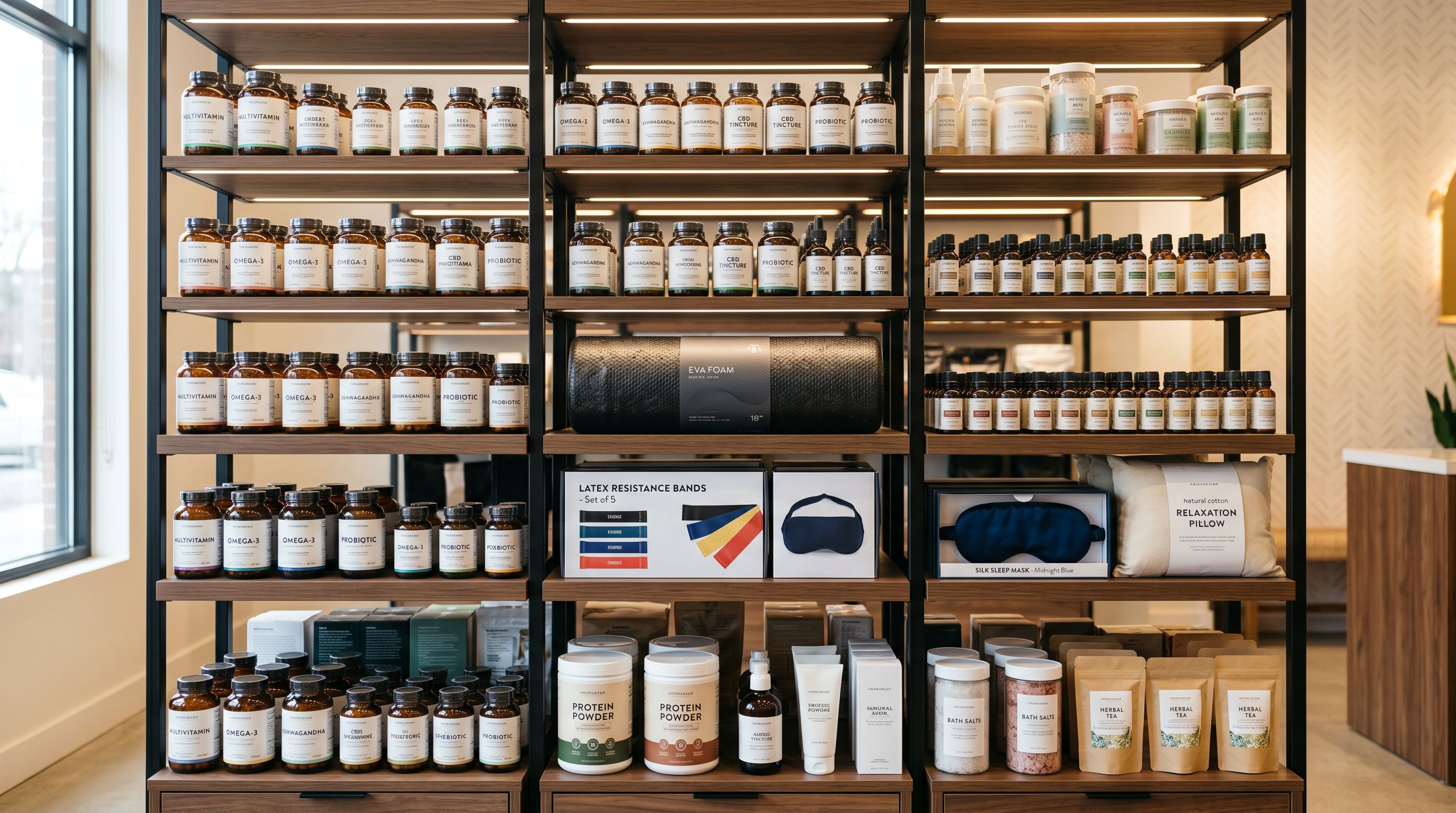 Well-organised retail shelving unit displaying health and wellness products including supplement jars, a foam roller, and resistance bands.