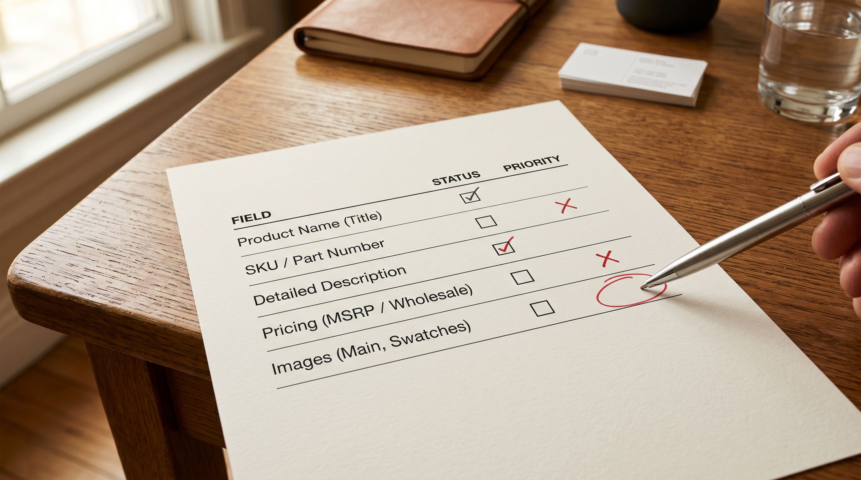 Printed product data audit checklist on a desk showing five fields in rows with checkboxes, some ticked and some blank, with a pen marking priority items.