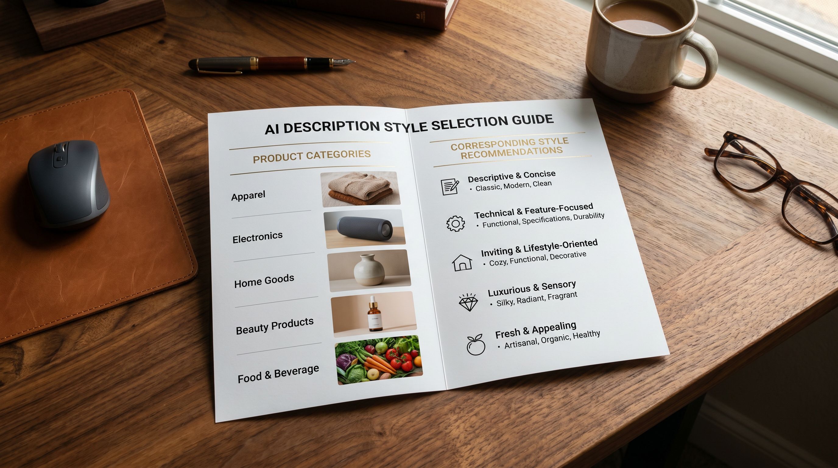 Printed AI description style selection guide on a desk showing product category examples in the left column with corresponding style recommendations in the right column.