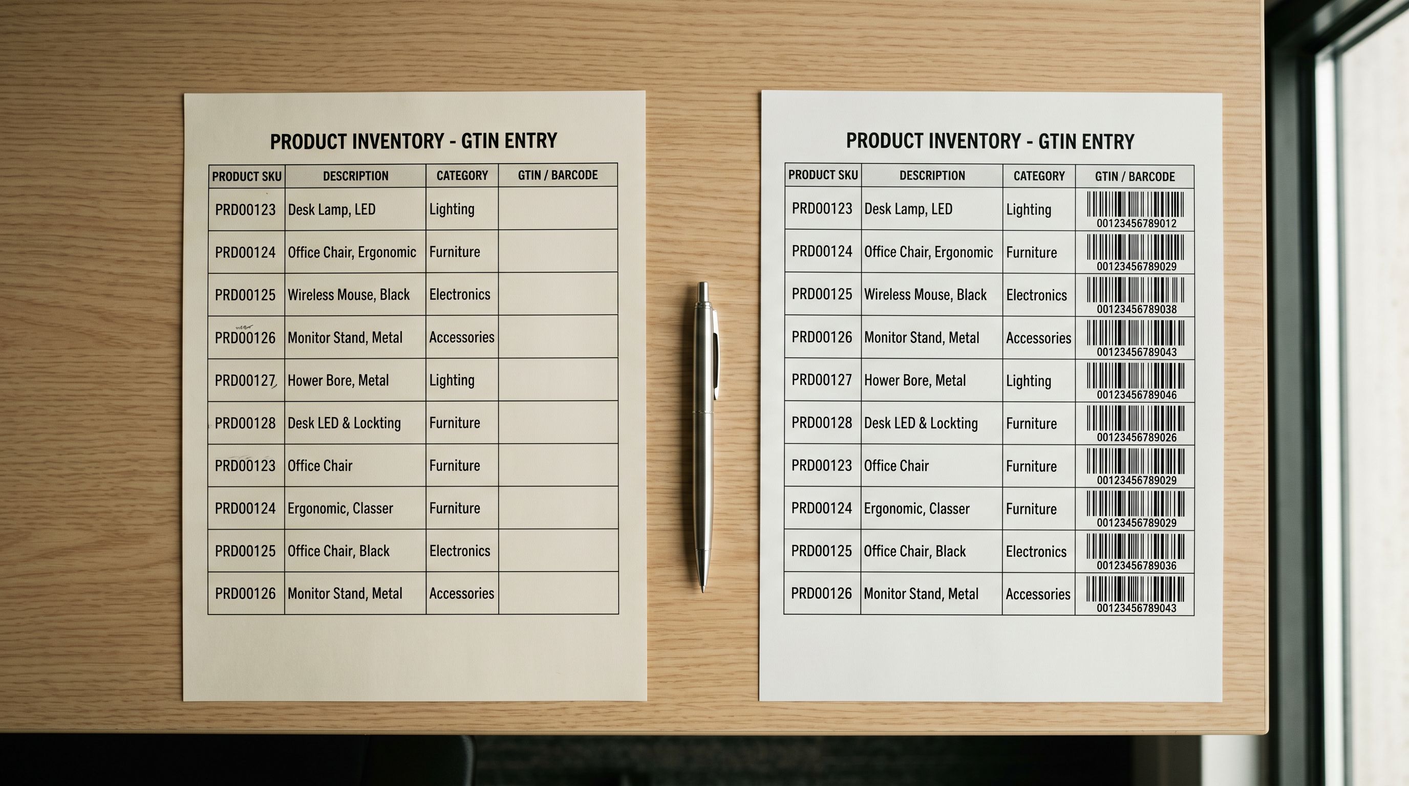 Printed barcode completion spreadsheet on a desk showing a list of products with blank GTIN fields, beside a filled-in version of the same spreadsheet with barcodes added.