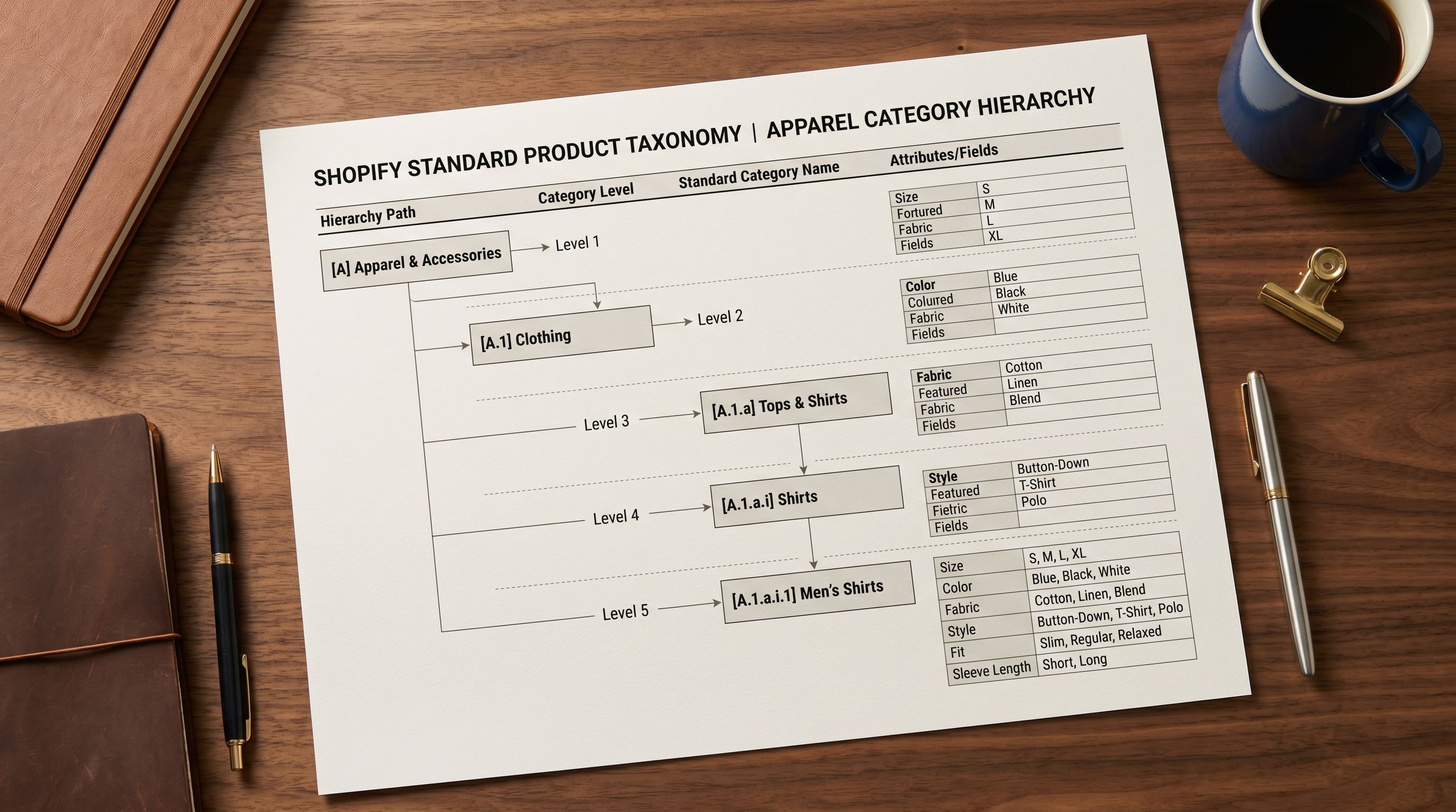 Printed Shopify Standard Product Taxonomy hierarchy chart on a desk showing a multi-level category path for apparel products with attribute fields listed beside each category level.