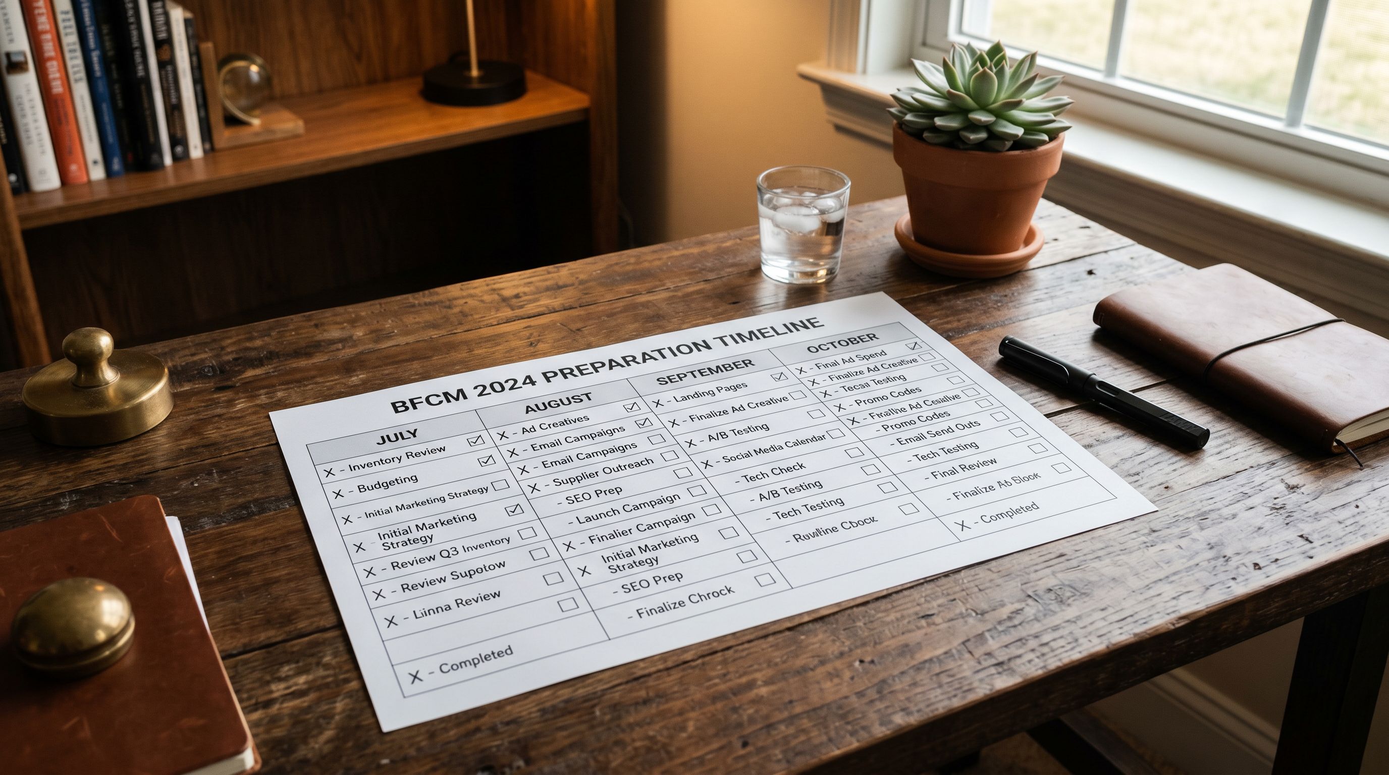 Printed BFCM preparation timeline on a desk showing a four-month planning grid from July to October with preparation tasks assigned to each month and completion checkboxes in each row.