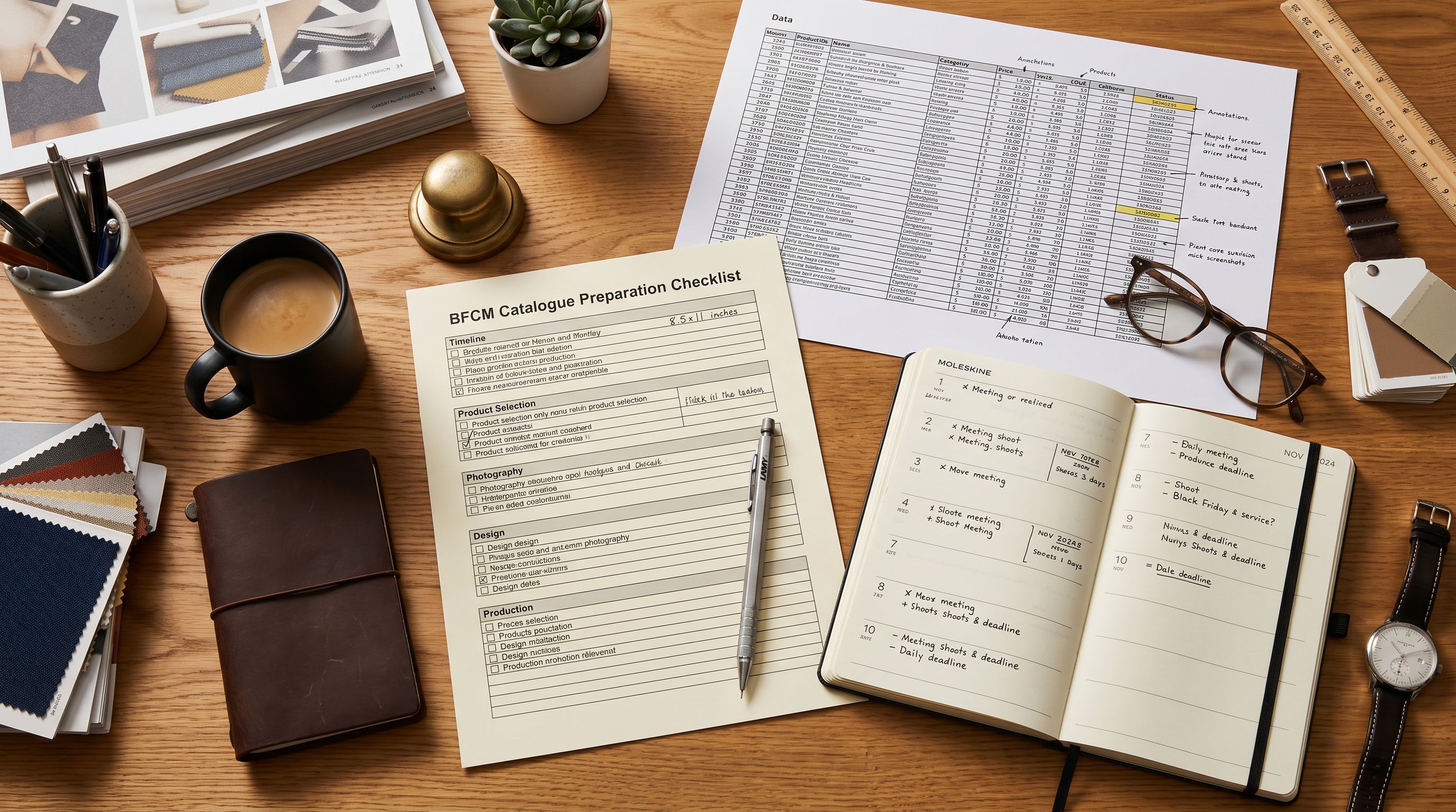 Printed BFCM catalogue preparation checklist on a desk beside a product data spreadsheet and a planning calendar open to November.