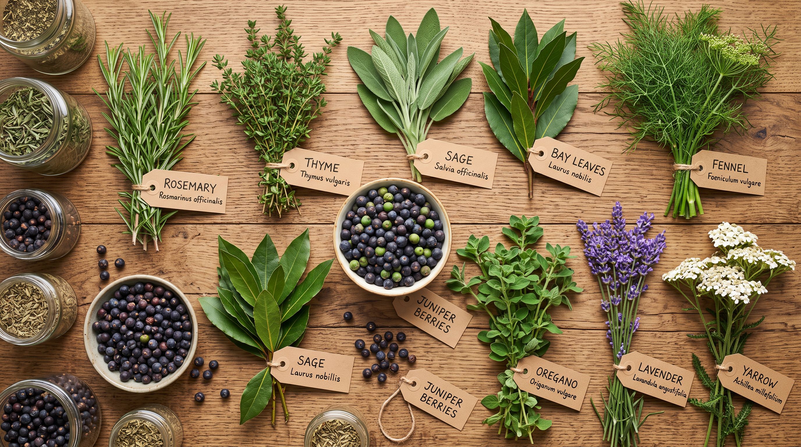 Fresh botanical herbs and juniper berries on a wooden surface with handwritten label cards for each plant species.
