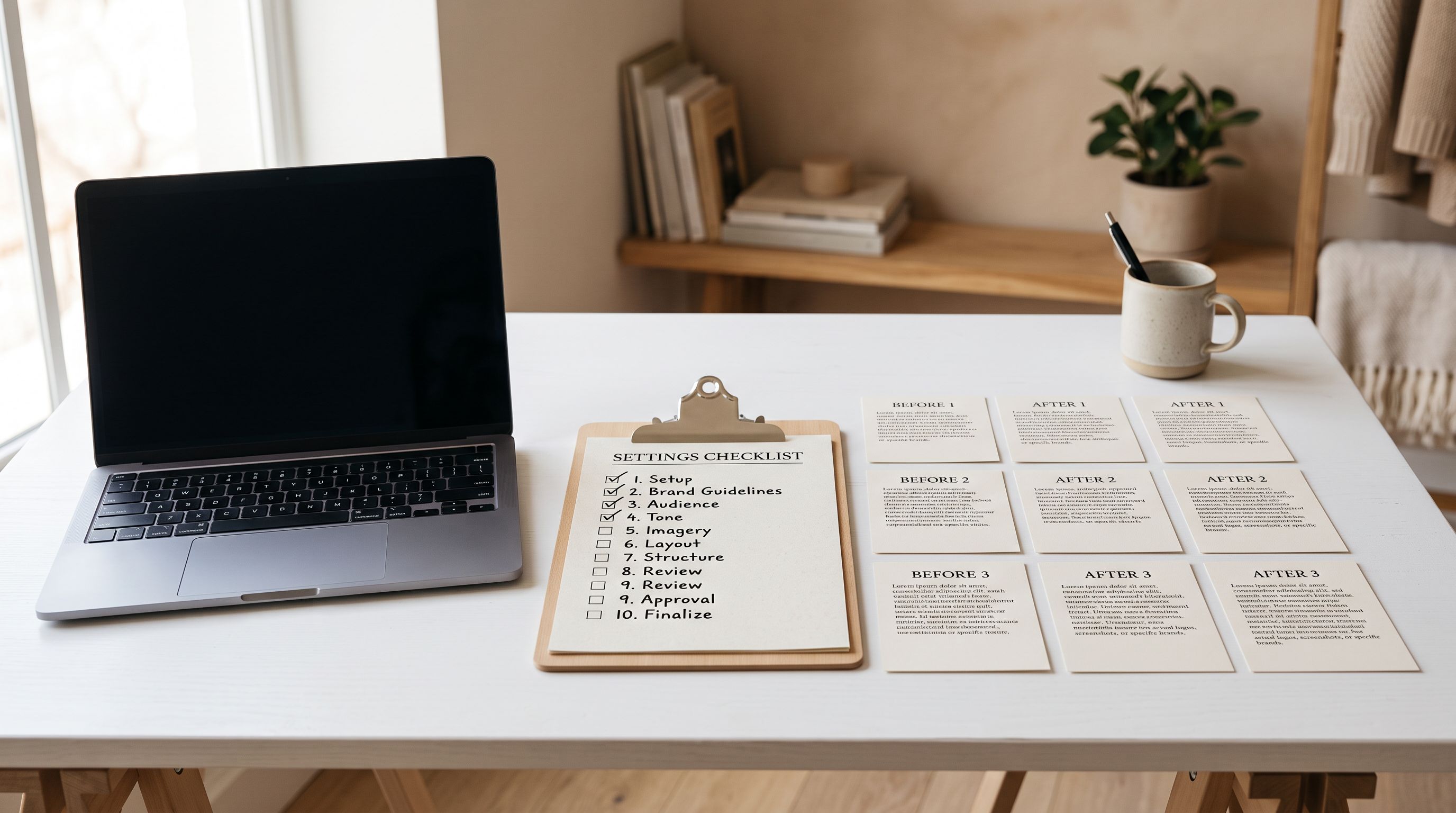 Open laptop next to a clipboard with a settings checklist and product description cards on a white desk.
