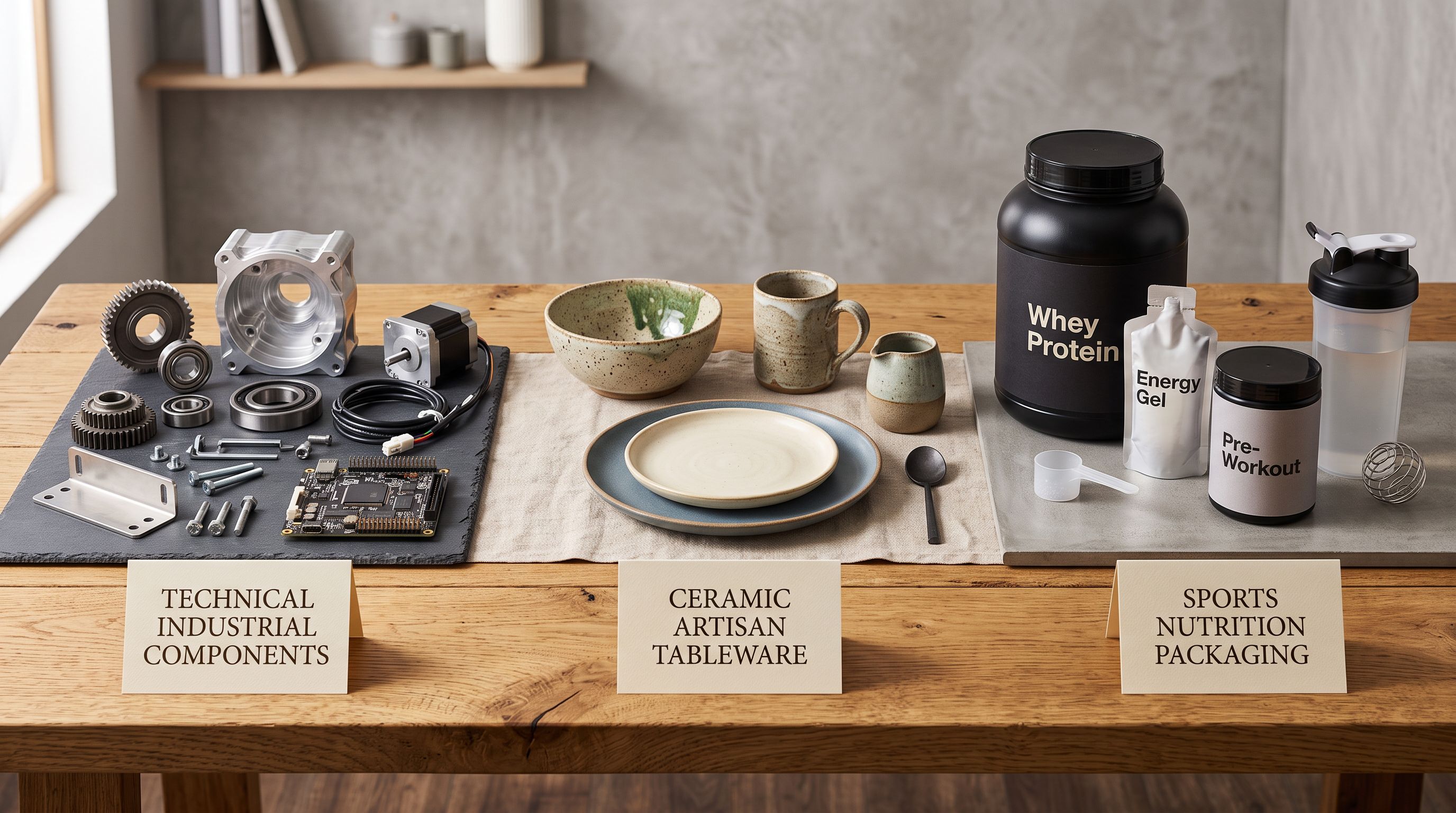 Industrial components, ceramic tableware, and sports nutrition packaging on a table, each with a category label card.