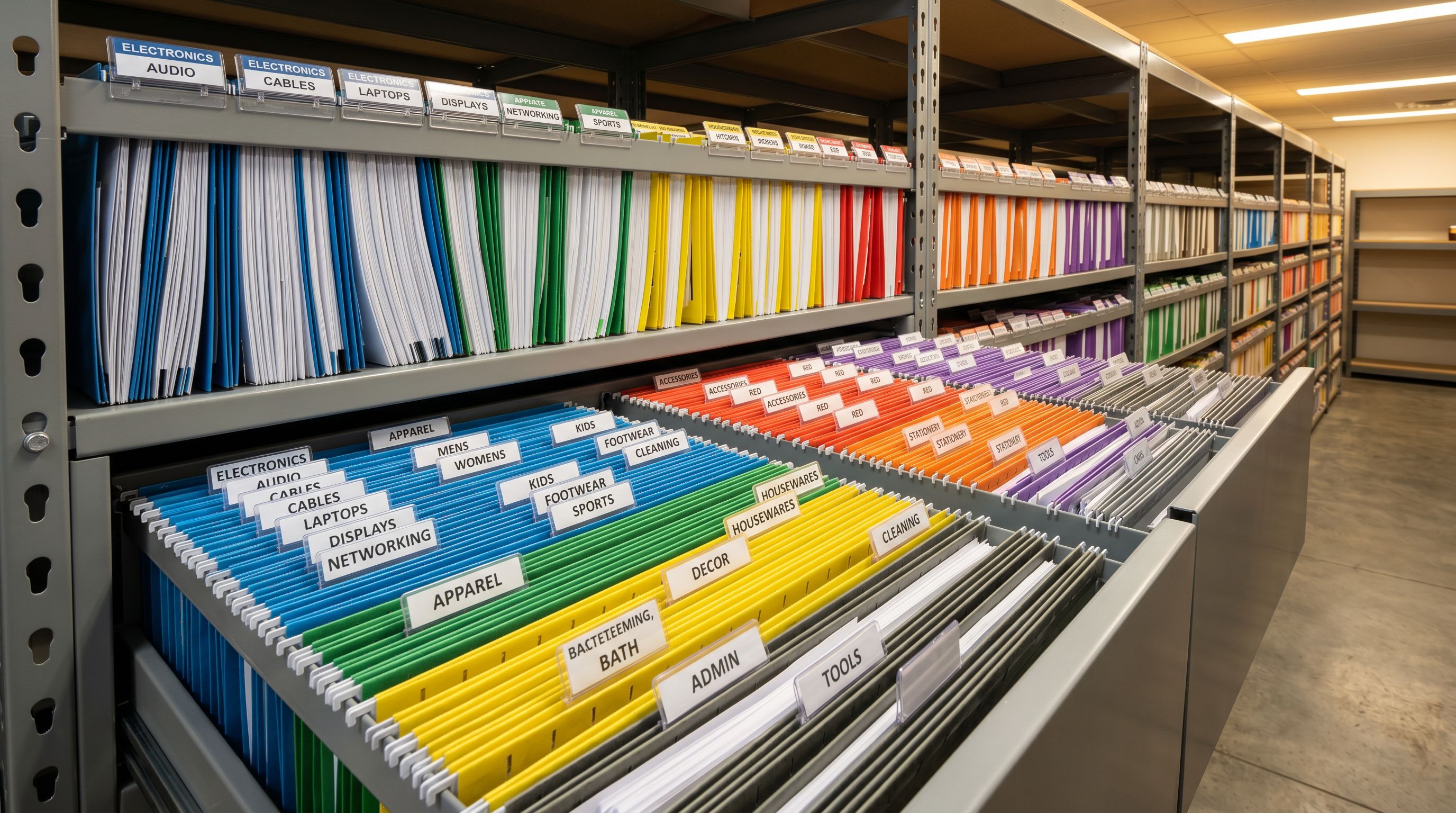 Colour-coded filing system with labelled product category tabs in a commercial stockroom.