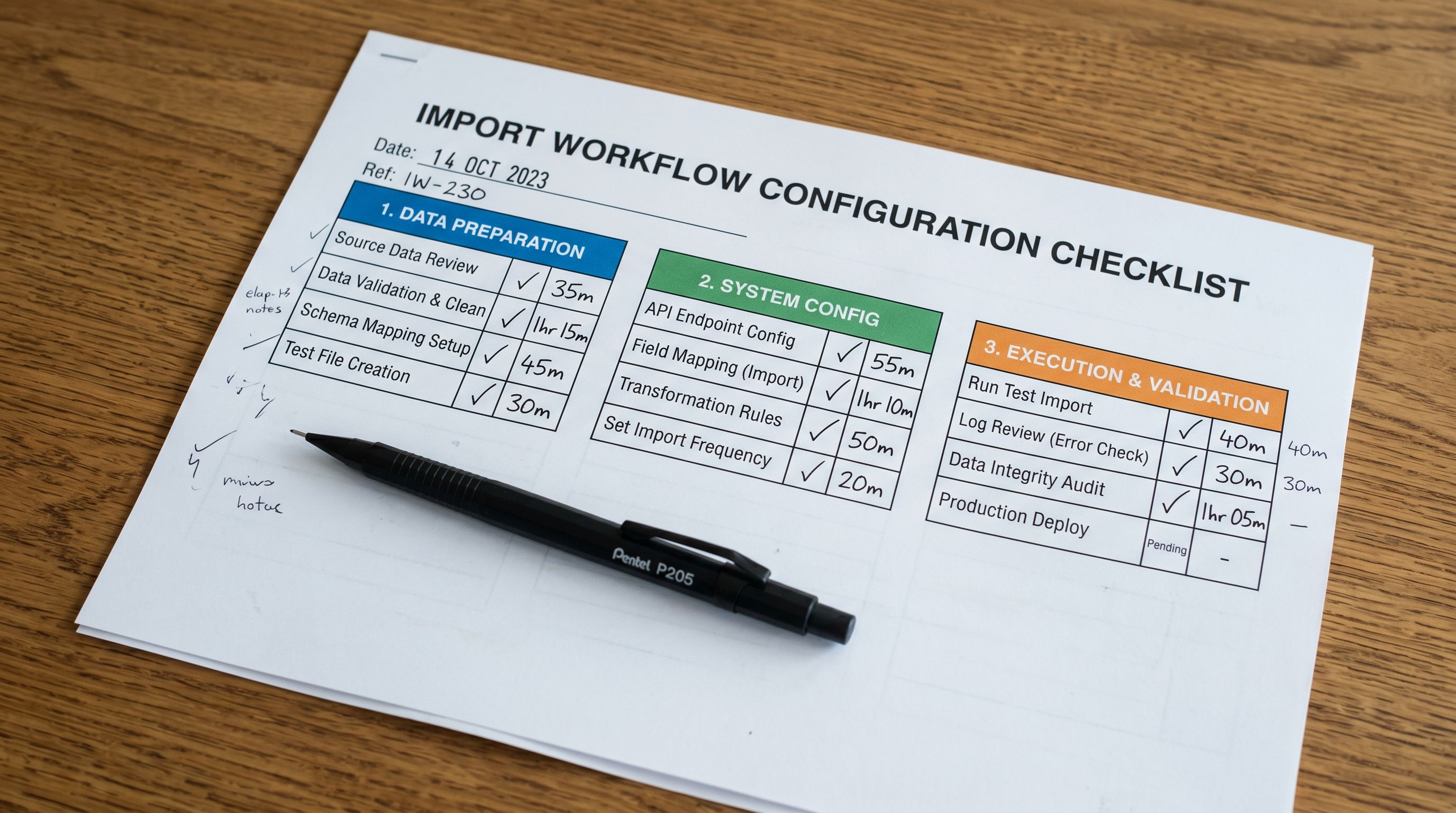 Printed import session configuration checklist on a desk showing Stage 1 through Stage 3 in three connected boxes, each box containing a list of tasks with estimated times beside them, a pencil marking the tasks completed in each stage.