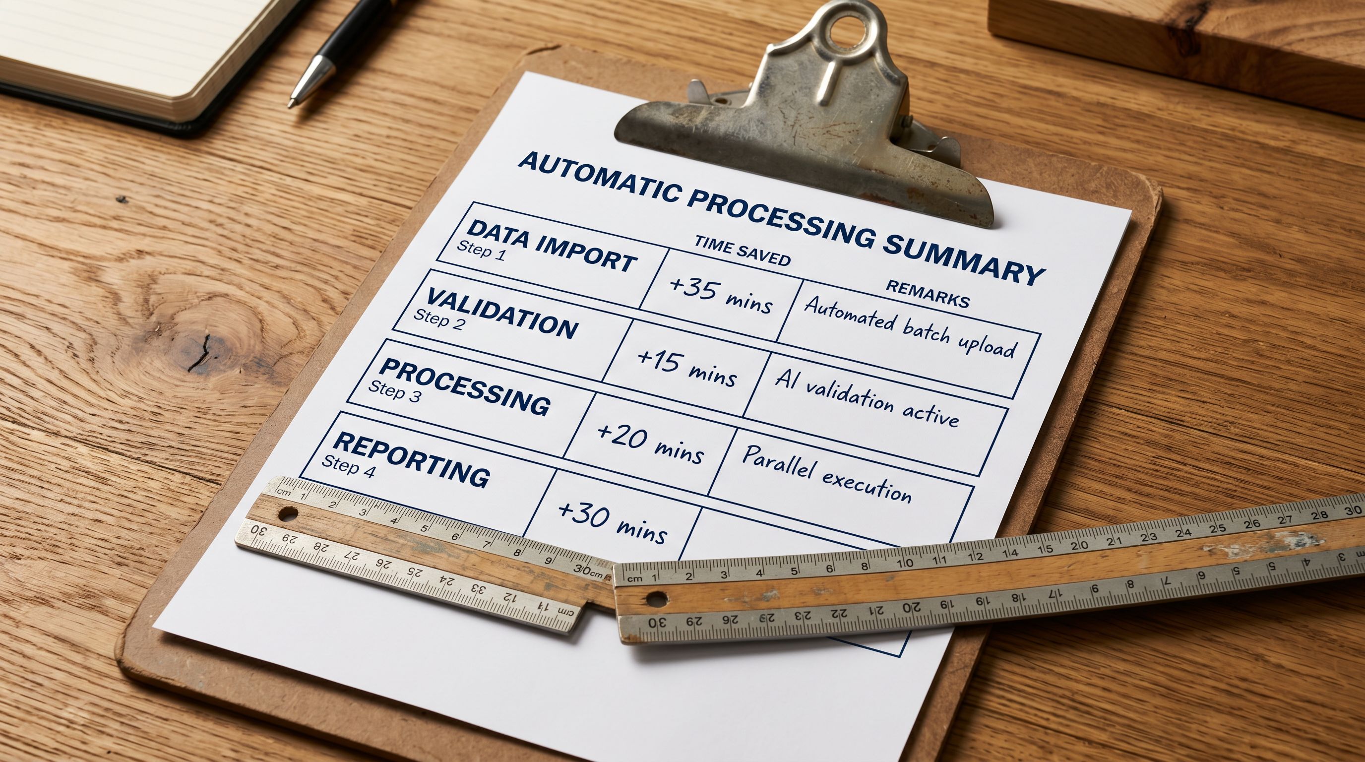 Printed automatic processing summary table on a desk showing four rows, one for each automatic step, with a description of what runs without intervention and an estimated time saving beside each row, representing the portion of the import workflow that requires no human decisions.