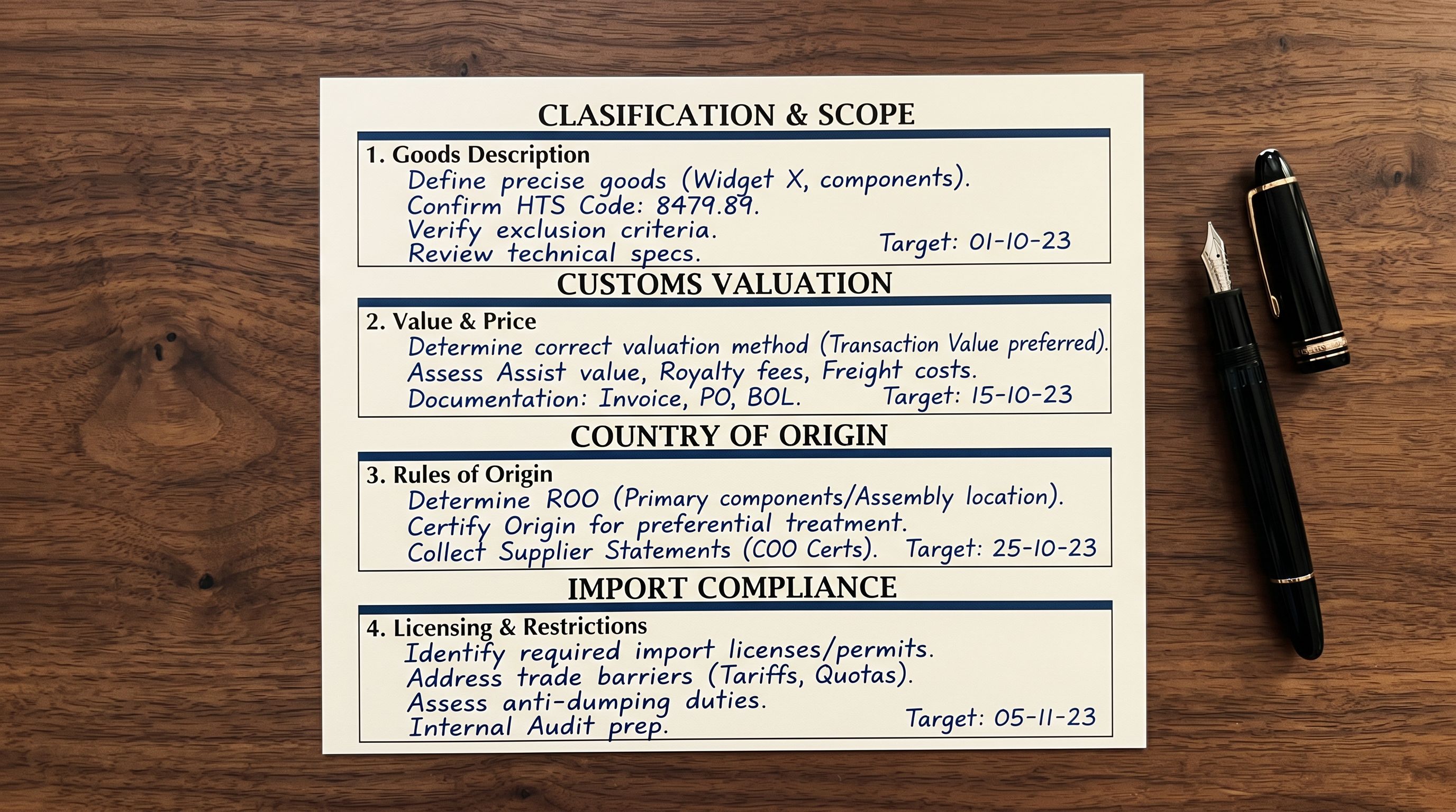 Printed import decision reference card on a wooden desk showing four labelled sections for description style, column mapping, price adjustment, and vendor defaults, each with a short handwritten note beside it indicating the decision scope and where in the import workflow each choice is made.