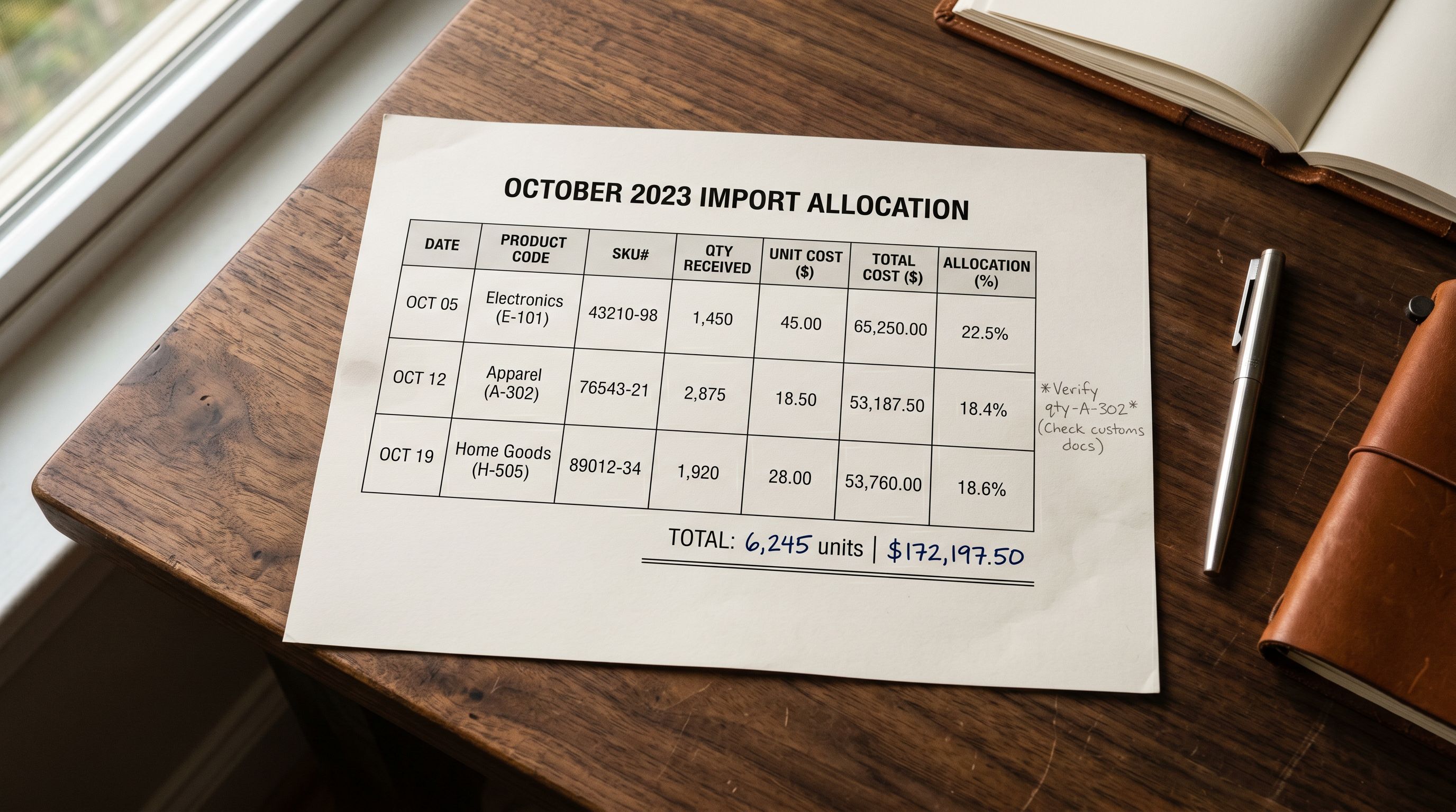 Printed billing month import allocation worksheet on a desk showing a spreadsheet with three rows representing three separate import sessions in one billing month, each row listing the session date and product count imported, with a handwritten total at the bottom row and a note in the margin confirming the running total stays within the plan limit.