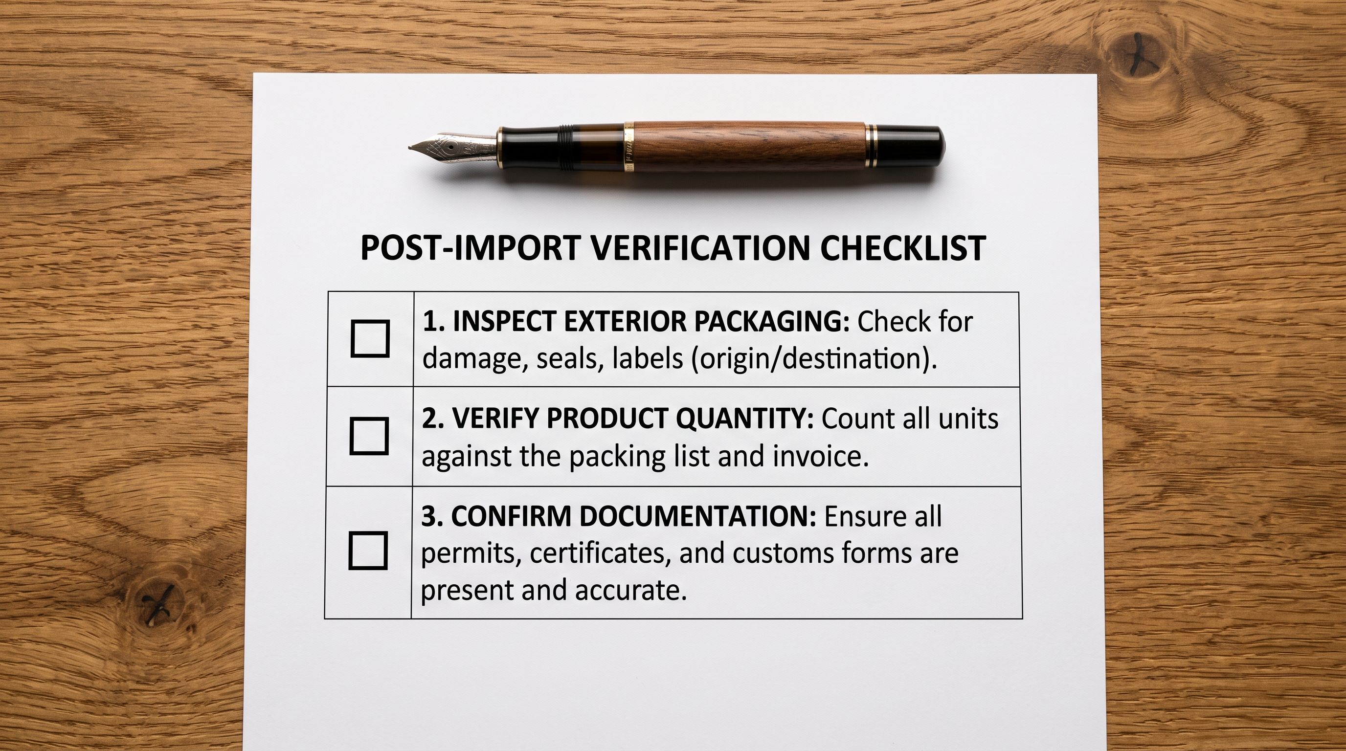 Printed post-import verification checklist on a desk showing three rows labelled inventory view, store scanner, and collection membership, each with a description of what to check written beside it and a tick box on the left side of each row, representing a systematic verification pass after a large catalogue import.