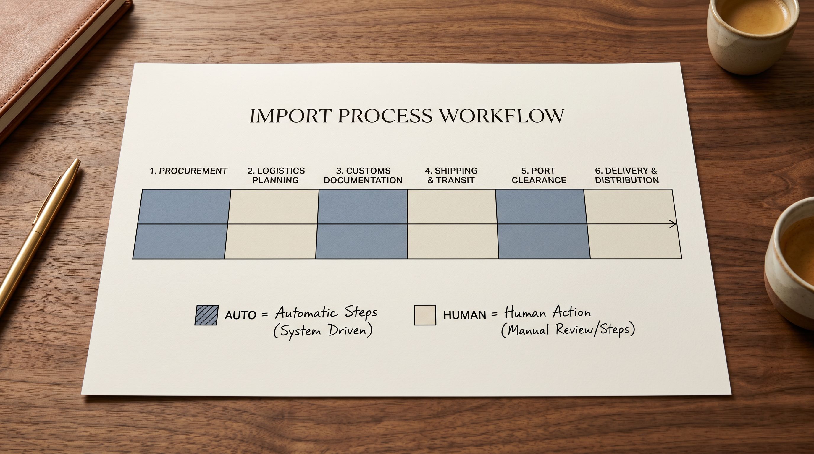 Printed afternoon import session timeline on a desk showing a horizontal bar divided into six named segments from file preparation through to confirm and push, with total elapsed time written at the right end of the bar and each segment shaded to indicate whether it requires human attention or runs automatically.