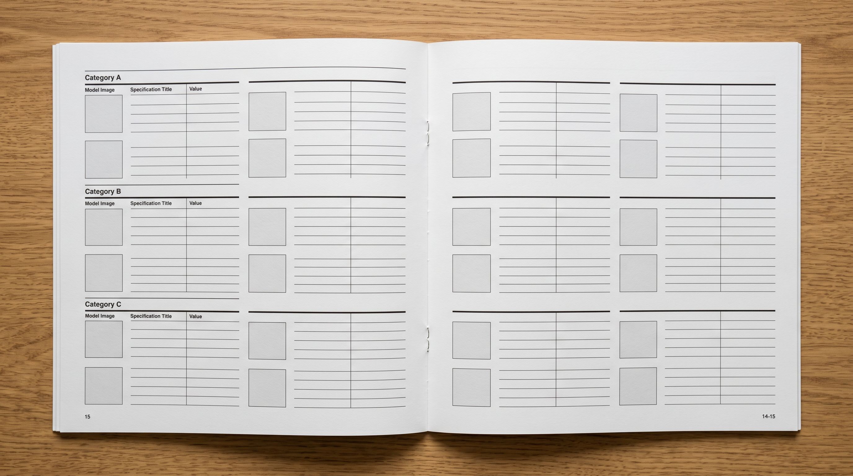 Overhead view of a printed catalogue spread open on a desk, showing rows of product names and specifications in structured grid columns.