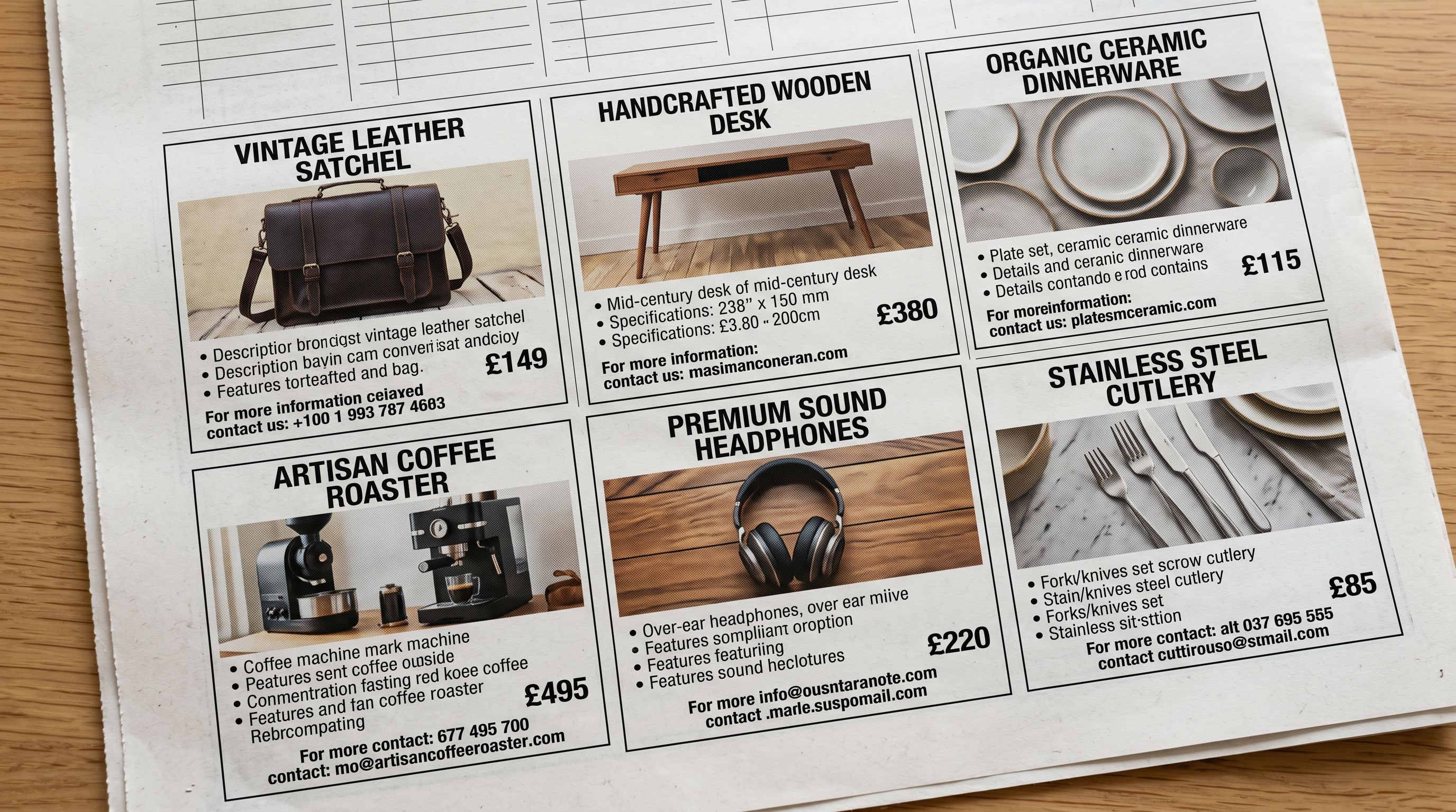 Close-up of a printed search results page showing multiple product listings with distinct titles and descriptions, representing search result optimisation.