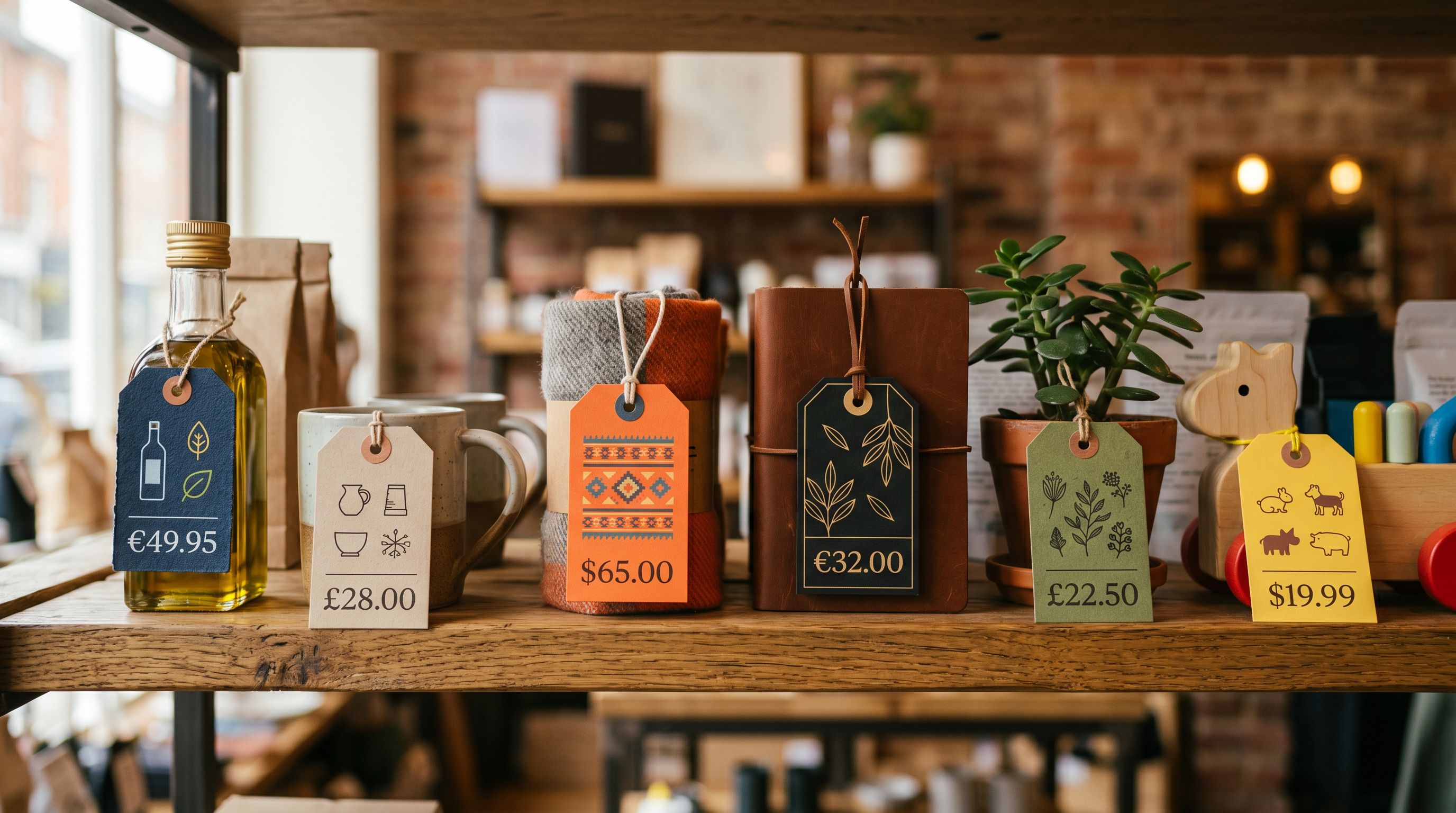 A row of distinct price tags attached to various products displayed on a retail shelf, representing varied product listings with individual identifiers.