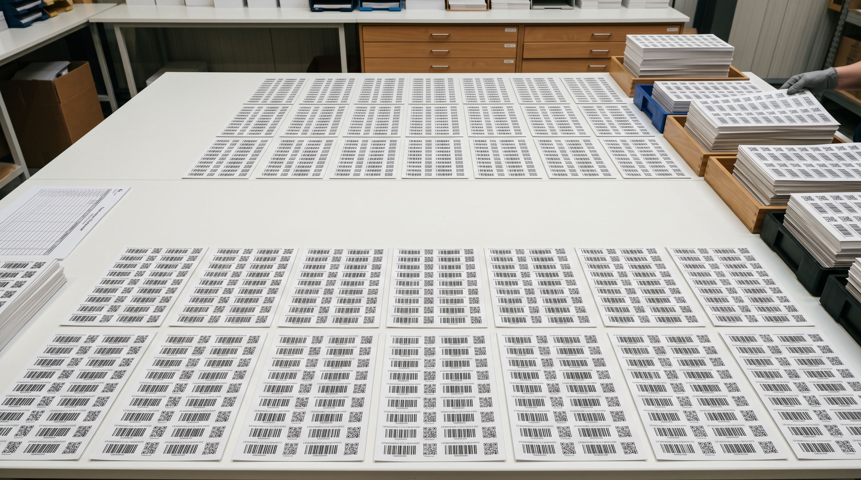 Neat rows of product labels and barcodes being sorted and reorganised on a warehouse sorting table, representing systematic catalogue metadata migration.