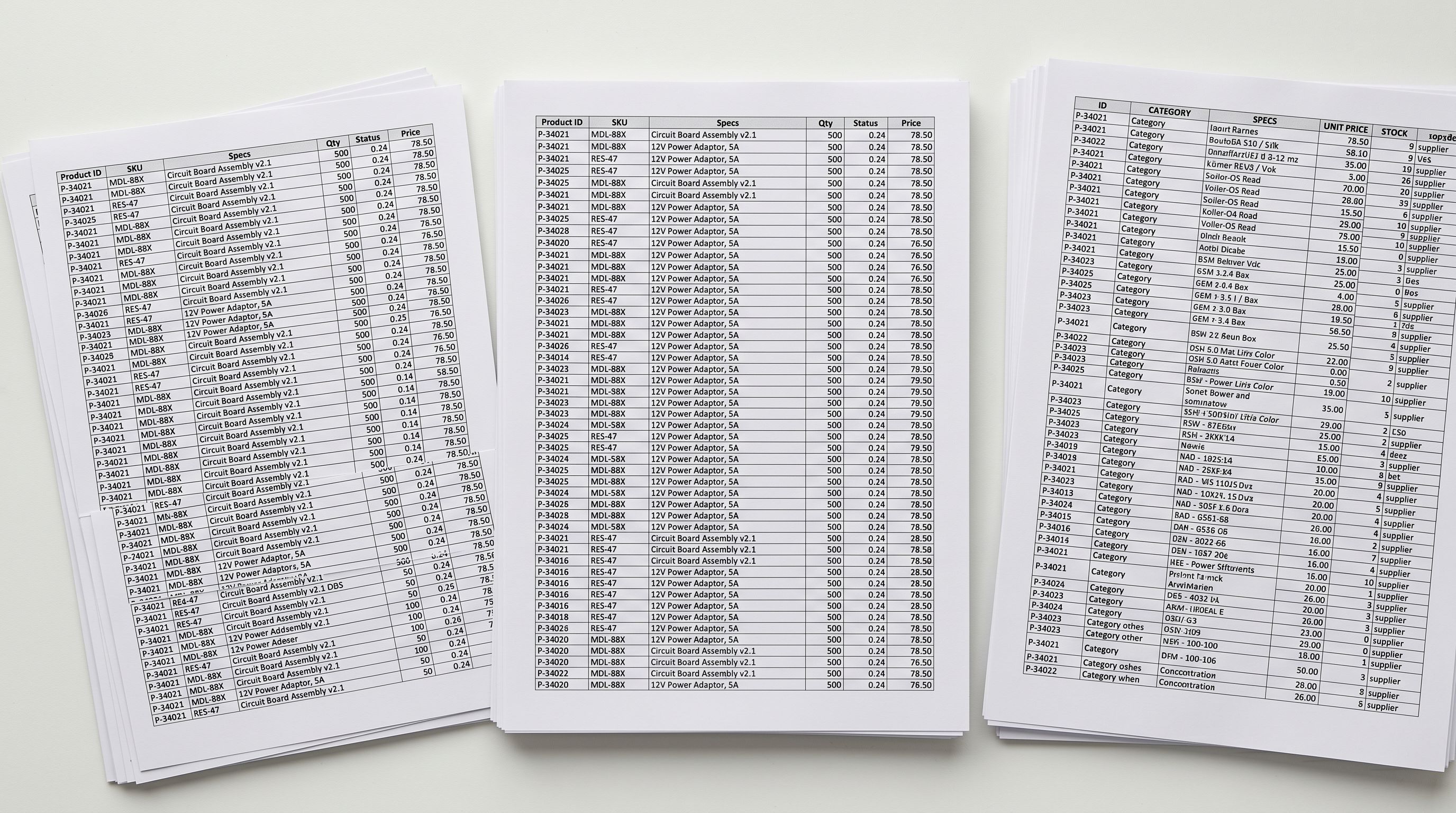 Printed data sheets with structured rows and columns of product information arranged side by side.