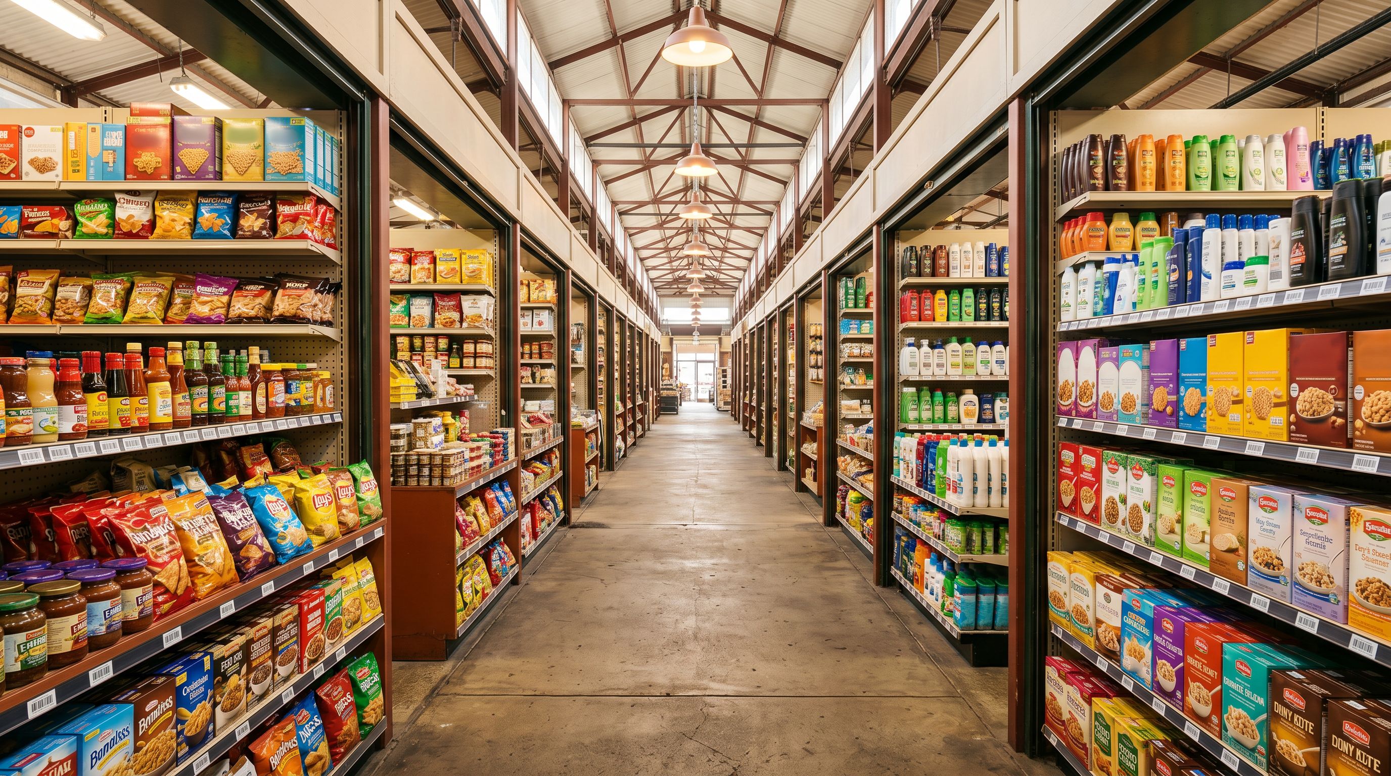 Brightly lit covered market aisle with colourful product displays and barcode labels on empty booths.