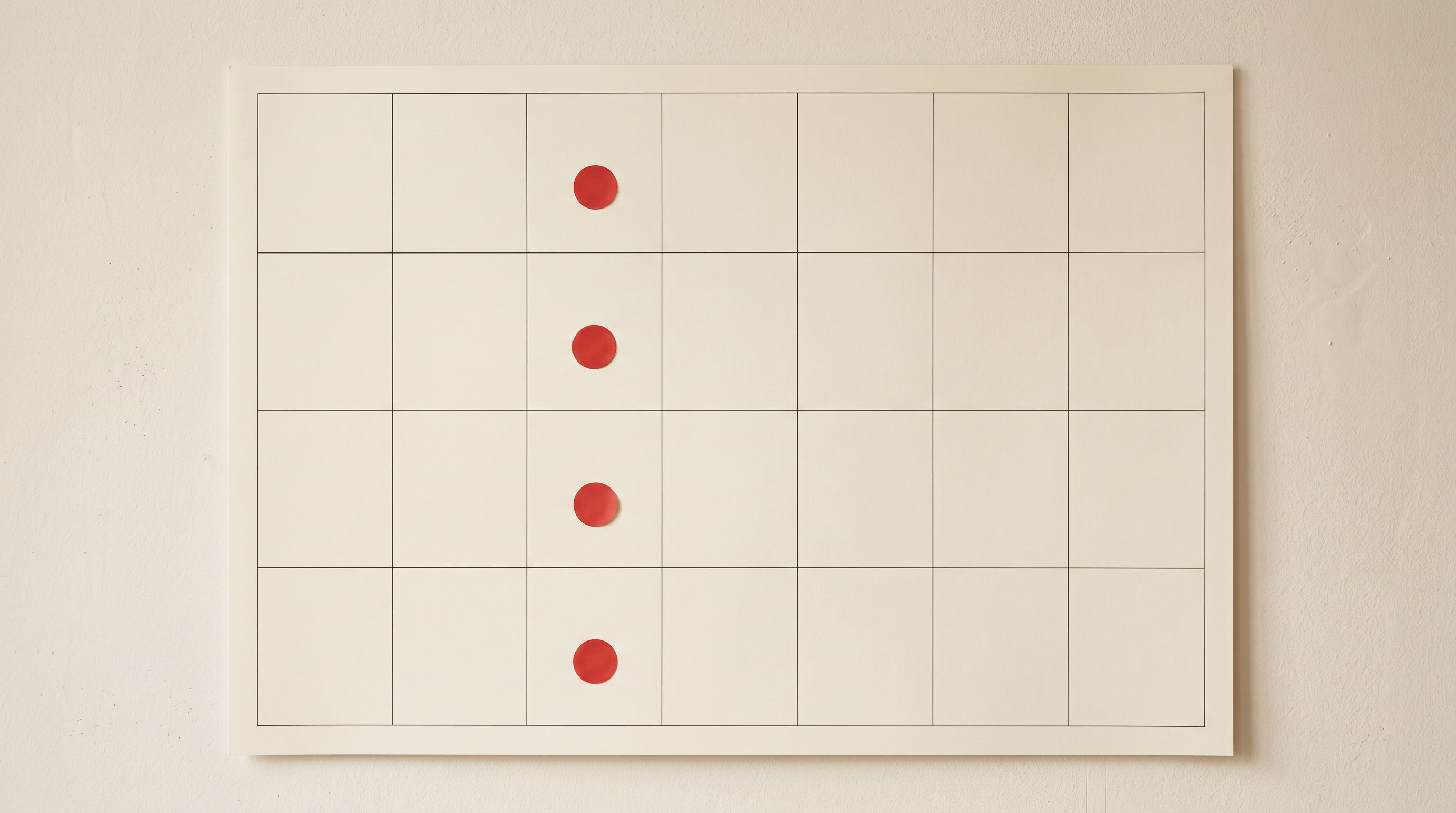 Wall-mounted calendar grid with matching circular stickers marking the same weekday across four consecutive weeks.