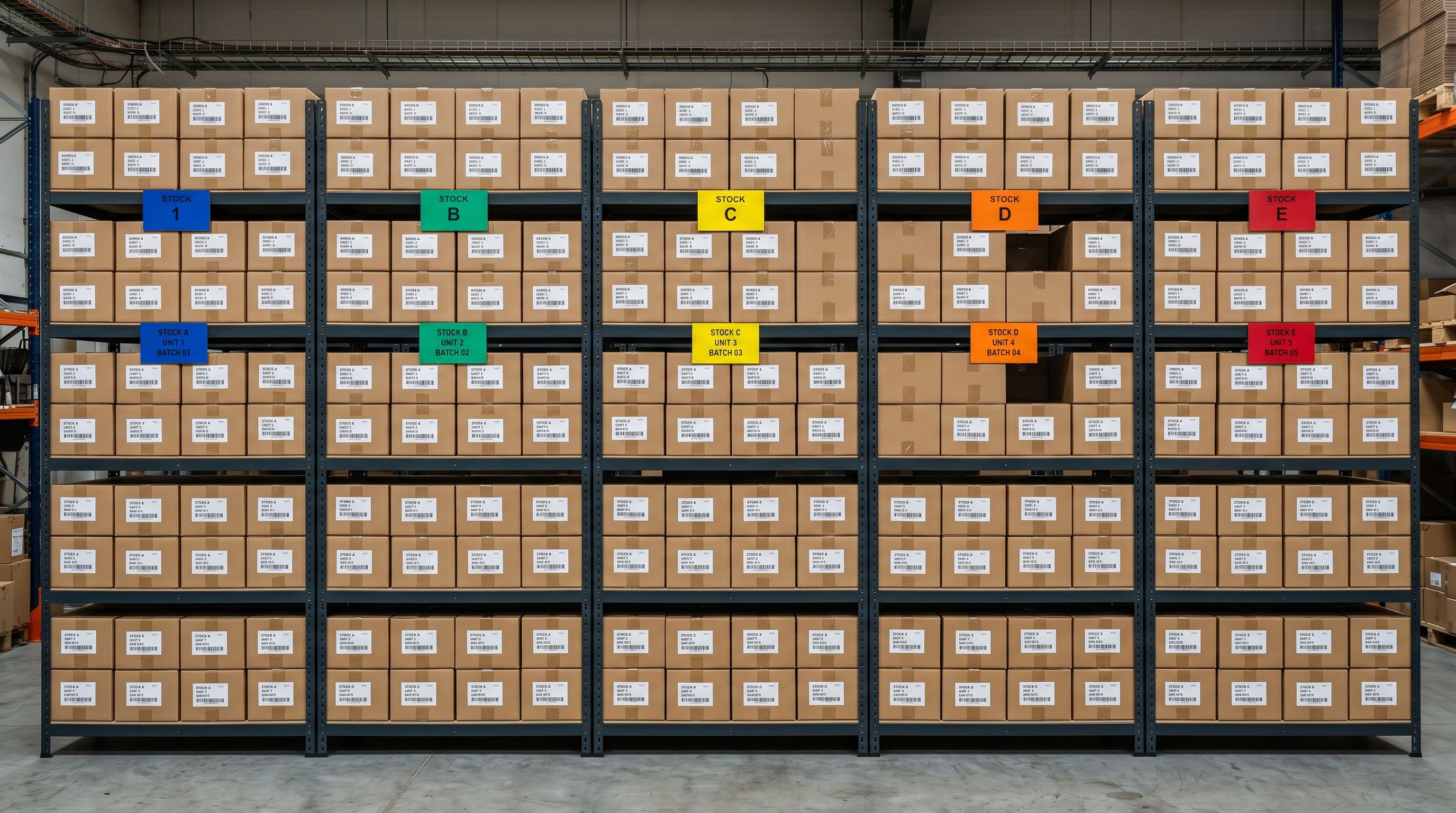 Retail storage shelving with five neatly separated product sections divided by coloured category markers.