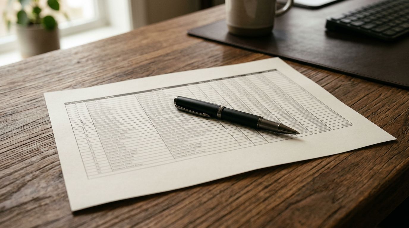 Open spreadsheet printout with rows of product data on a wooden desk, a pen resting on the paper.