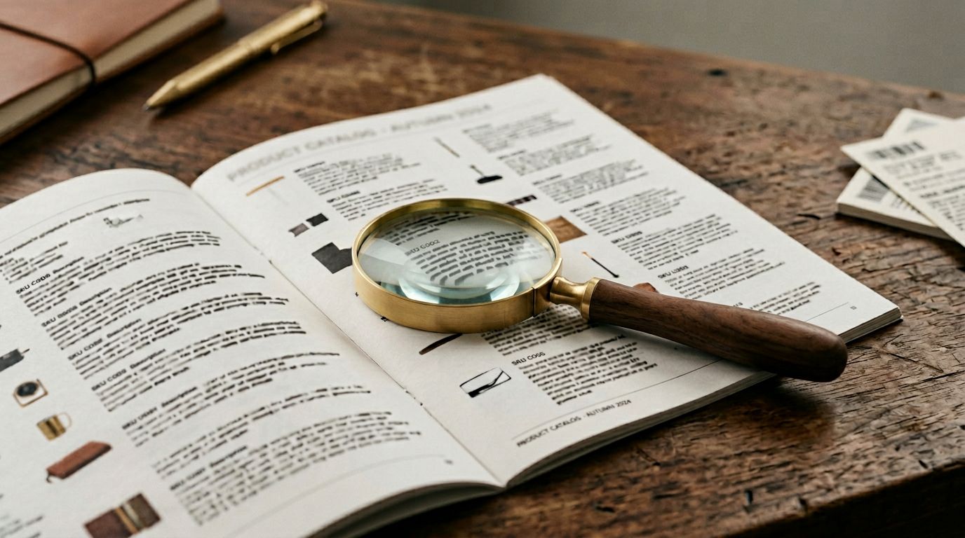 A magnifying glass resting on a printed product catalogue on a desk, overhead studio light with soft shadows.