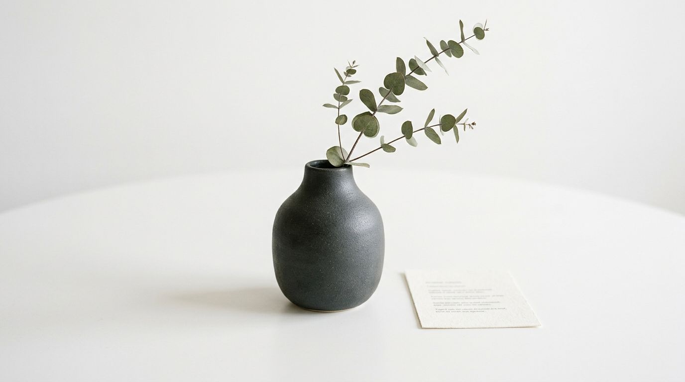 A product item on a clean white surface with a small description card placed beside it, minimal studio lighting.