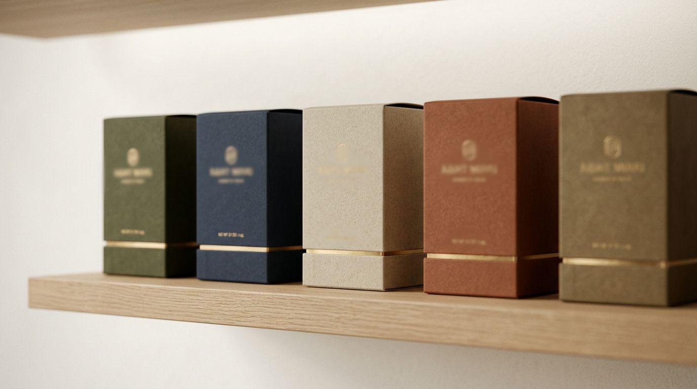 A tidy retail shelf with several product boxes arranged neatly in a row, clean studio lighting from above.