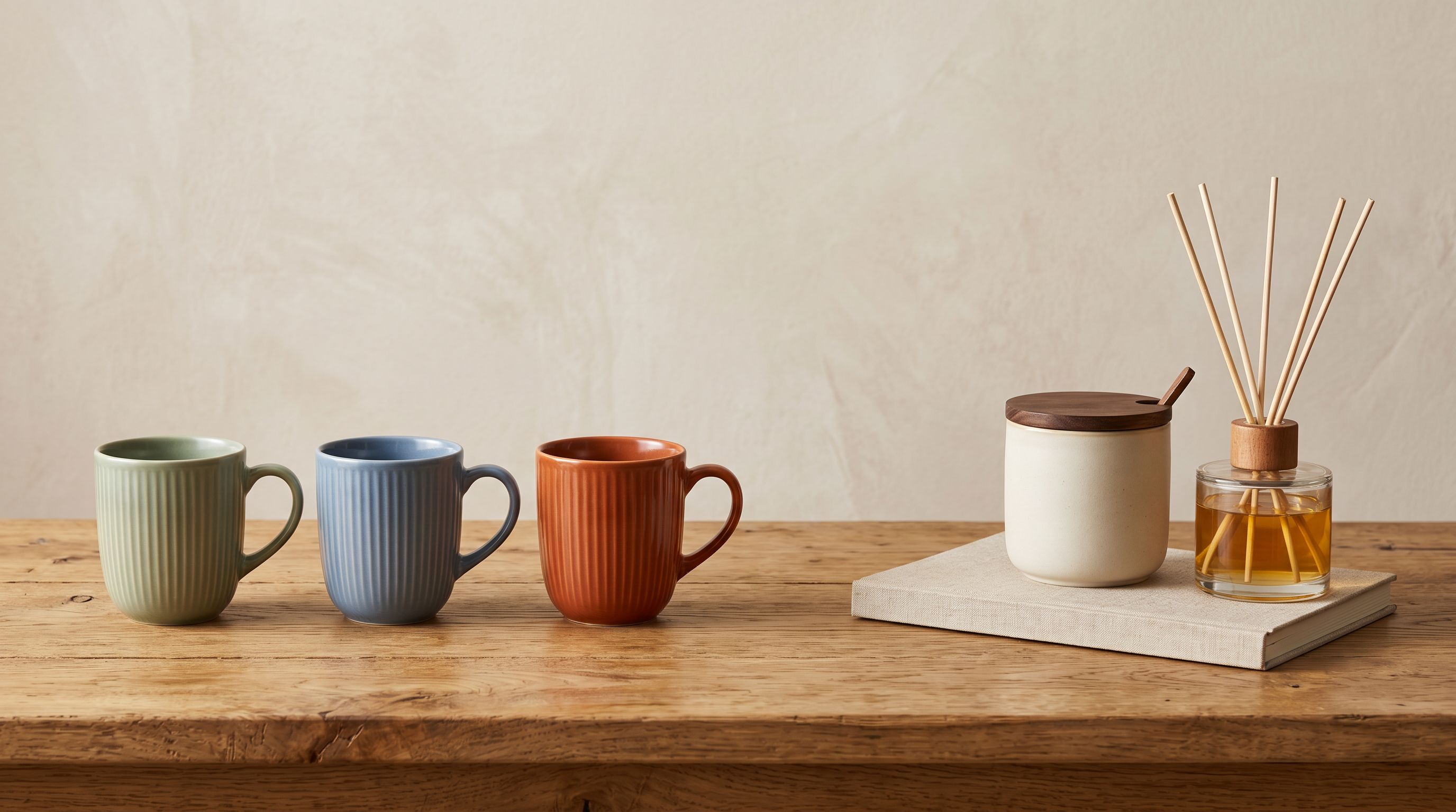 Two product groupings on a wooden tabletop showing identical colour-variant items on the left and three complementary bundled products on the right separated by a clear gap.