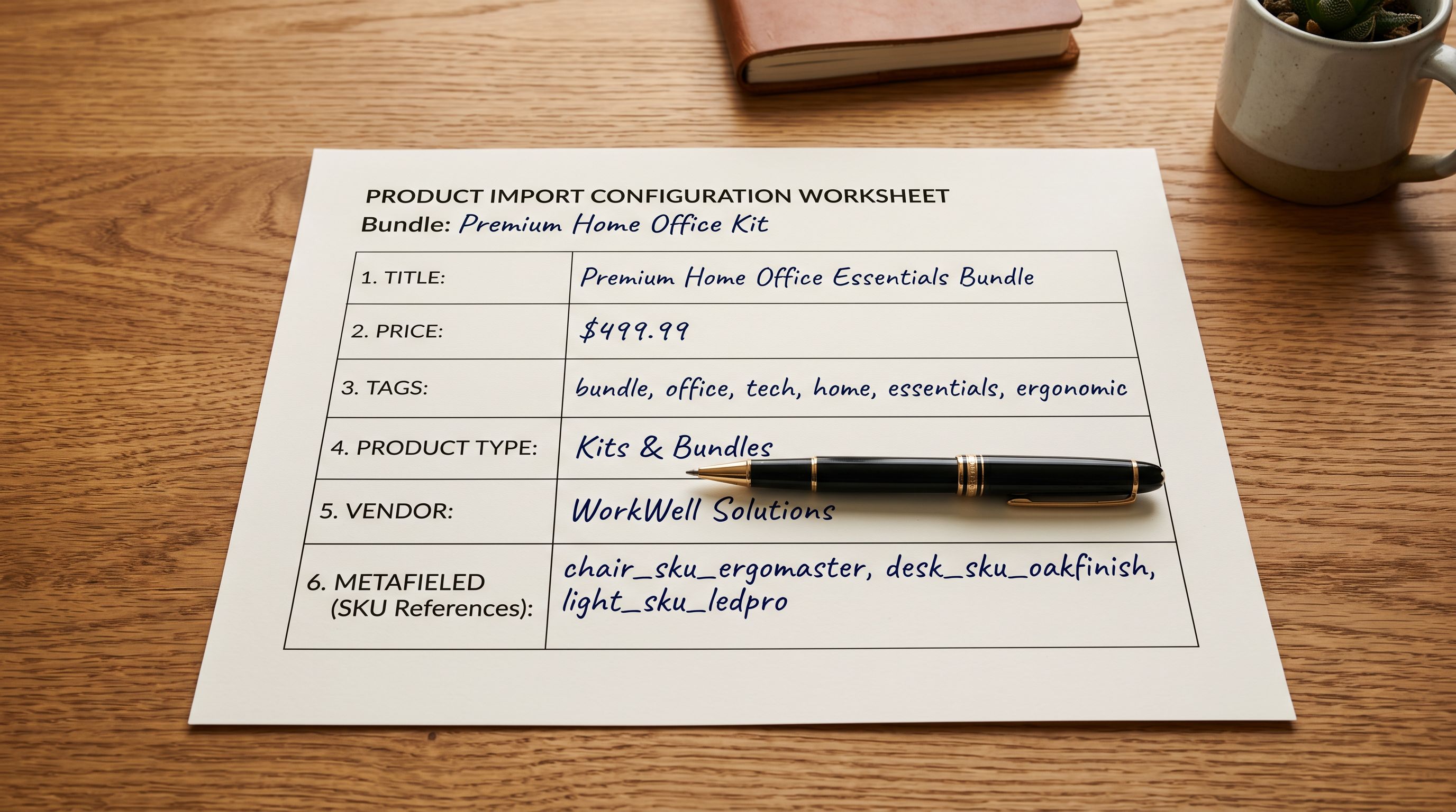 Printed bundle product import configuration worksheet on a wooden desk showing six labelled field rows with handwritten sample values beside each field name and a pen resting across the sheet.