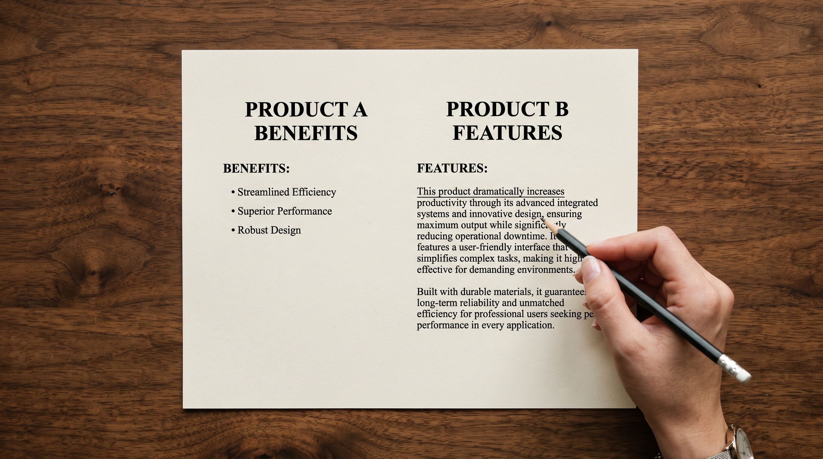 Printed product description comparison sheet on a wooden desk showing a short component bullet list on the left and a benefit-led paragraph on the right with a pencil underlining the opening sentence.