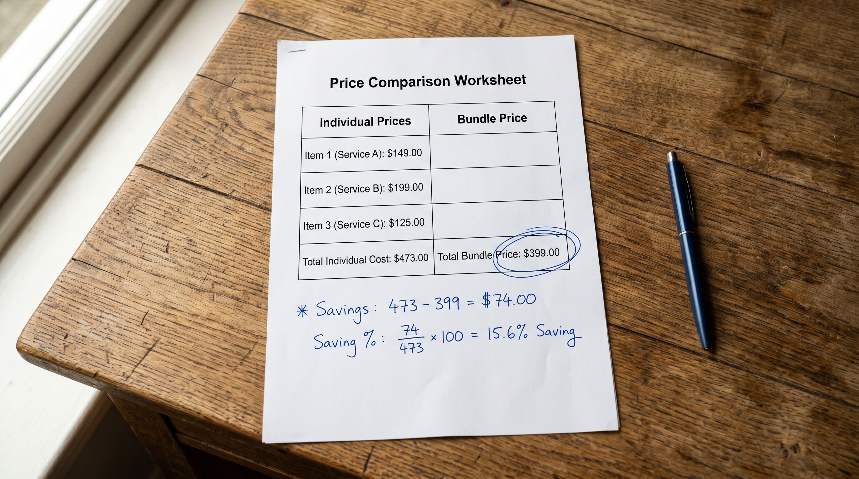Printed price comparison worksheet on a wooden desk showing individual component prices in one column and a bundle total in another with a circled bundle price and a handwritten saving percentage note below.