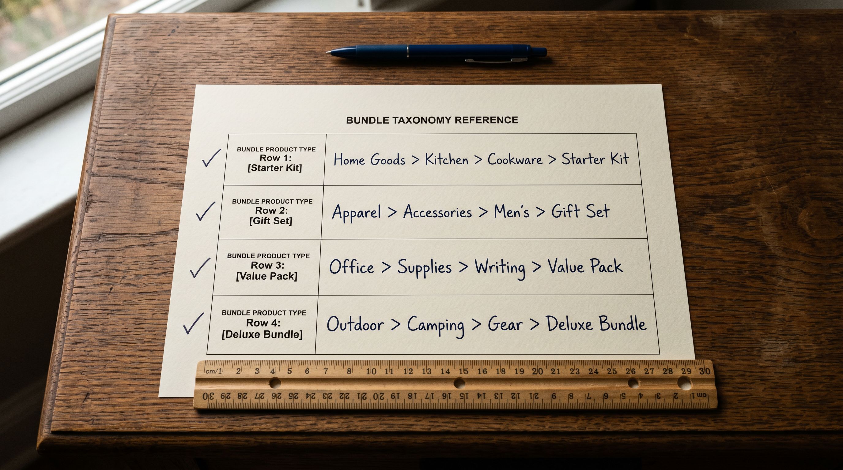 Printed product category taxonomy reference chart on a wooden desk showing four bundle product type rows each with a hierarchical category path written in handwriting beside it and a tick mark.