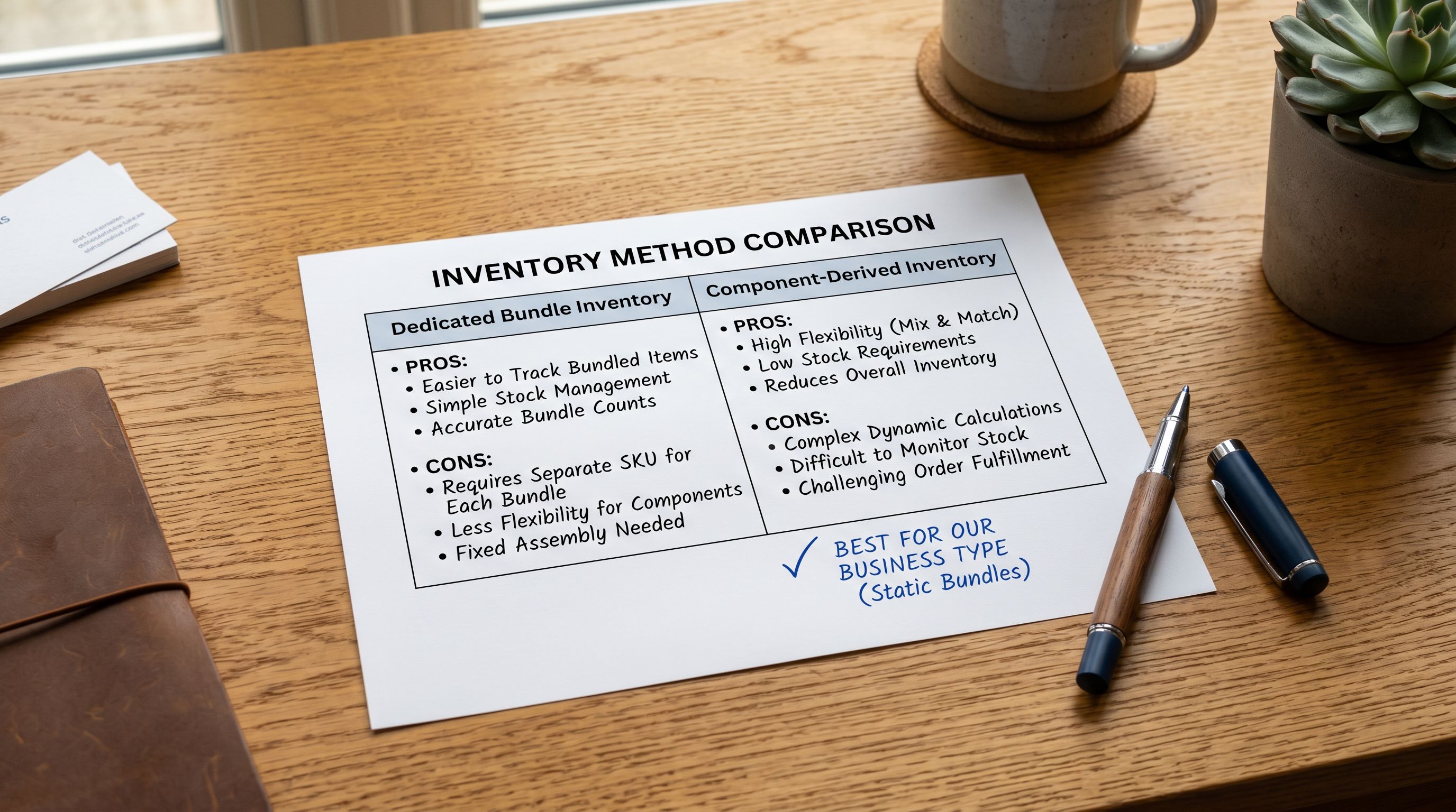 Printed inventory method comparison table on a wooden desk showing two labelled sections with bullet-point pros and cons for each inventory approach and a pen marking the preferred option.