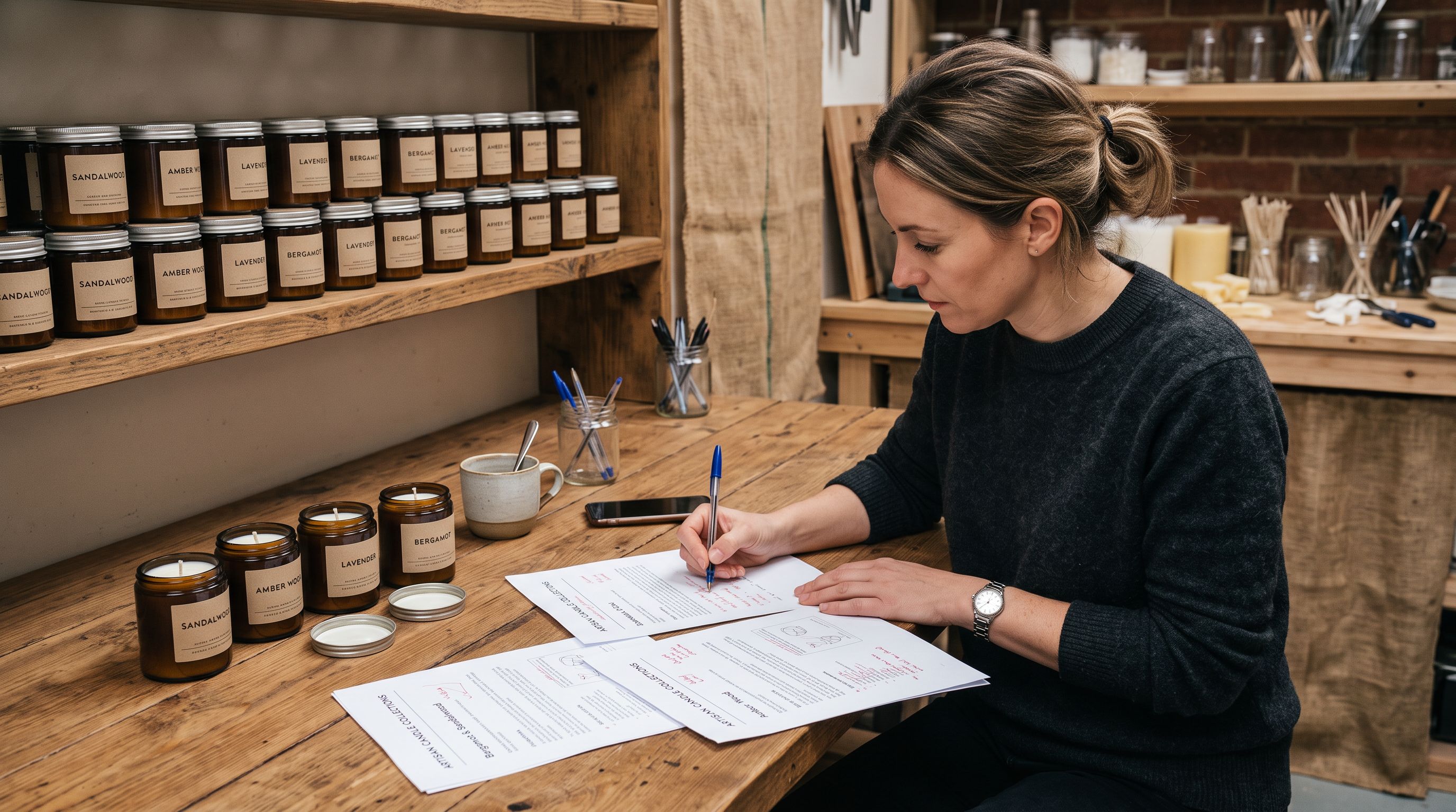 A candle product developer at a workbench reviewing printed sheets of product descriptions for a range of home fragrance products, making handwritten notes beside several descriptions and circling key scent descriptors.