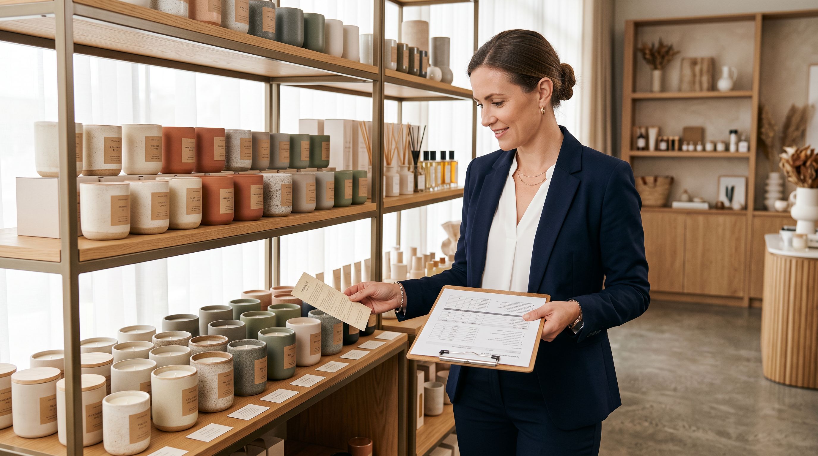 A wholesale fragrance buyer reviewing a display shelf of premium soy candles in a showroom, comparing scent cards beside multiple product lines and taking notes on a clipboard.